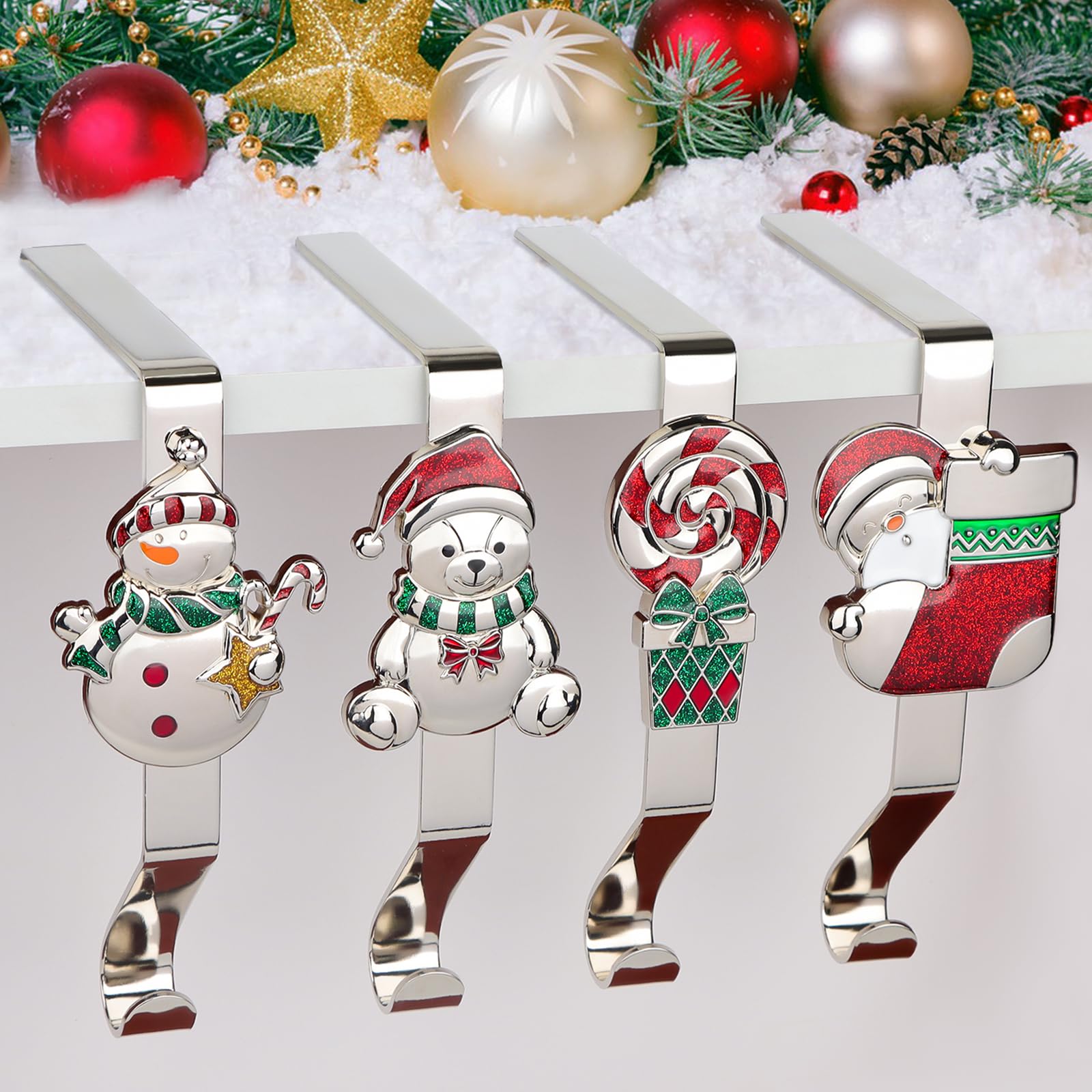 Kalolary Portacalze di Natale per Camino, 4 Pezzi Ganci Antiscivolo per Calze Natalizie, Babbo Natale, Pupazzo di Neve, Orso, Lecca-lecca - Ganci di Metallo per Decorazione