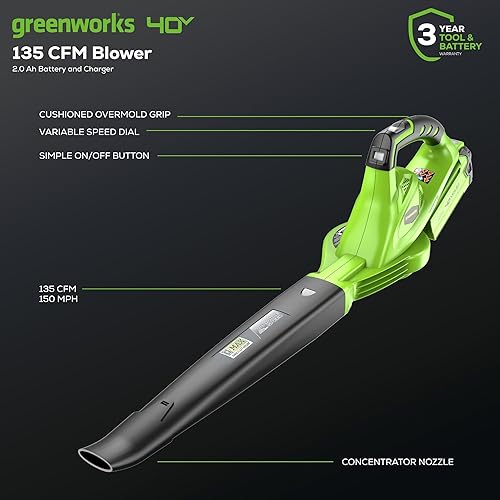 Miniatura 2 de GreenWorks - Soplador inalámbrico de hoja de velocidad variable 40V 150 MPH la batería y el cargador no se incluyen Soplador