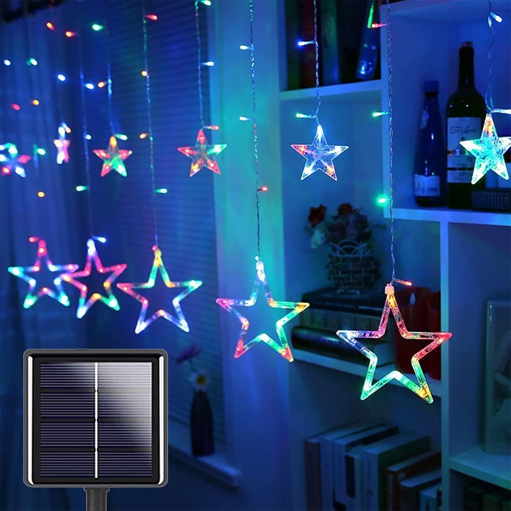 Solar Lichtervorhang Aussen, 2.5M*90cm 12 Sterne 138 LED Lichterkette Fenster Vorhang Weihnachtsbeleuchtung 8 Modi Wasserdicht Dekoration für Innen Außen (Mehrfarbig)