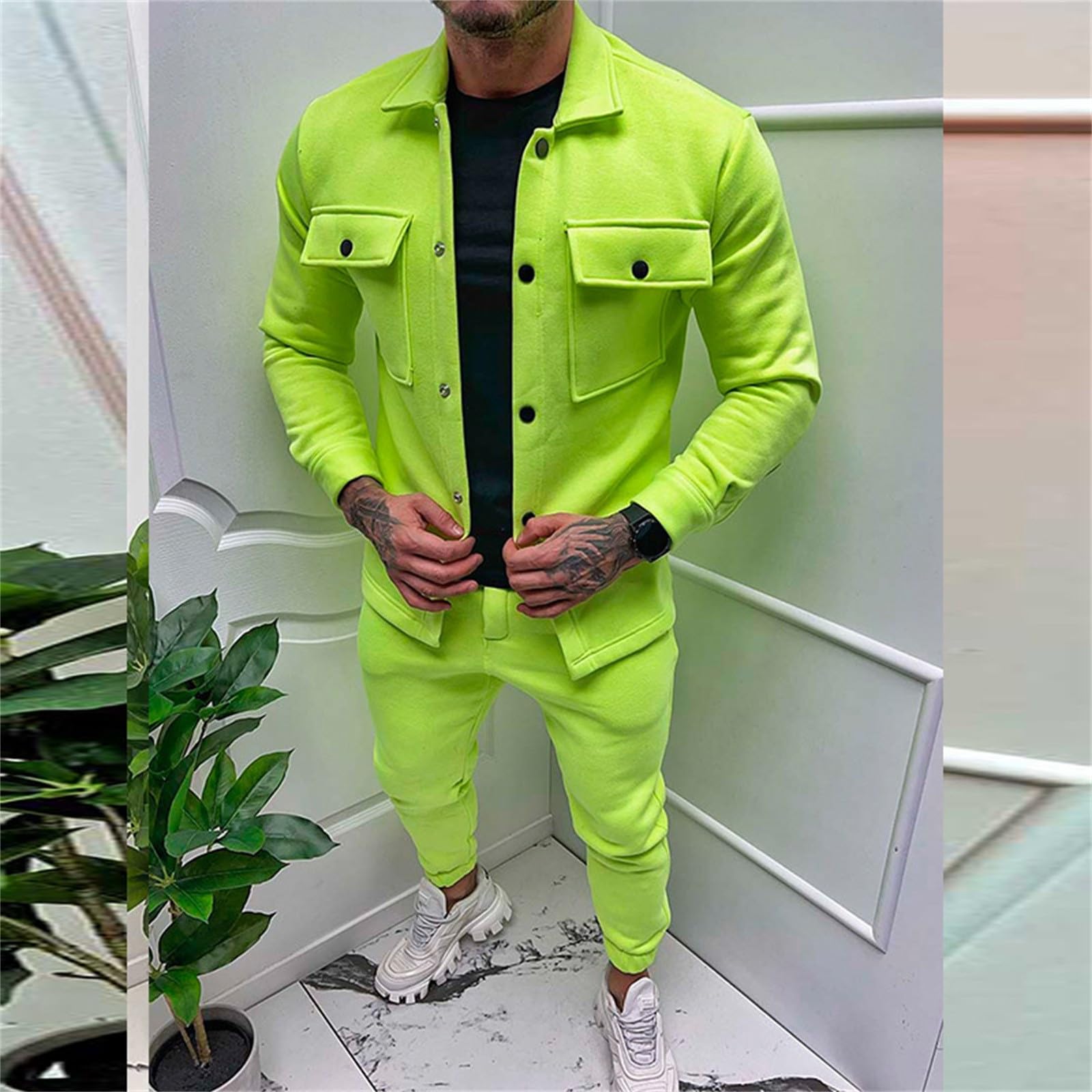 Generisch Tuta da uomo, 2 pezzi, per il tempo libero, tinta unita, elegante tracksuit Set, Lounge Revers Jack e Uomo Pantaloni da jogging in stile urbano, per feste, uso quotidiano incontri