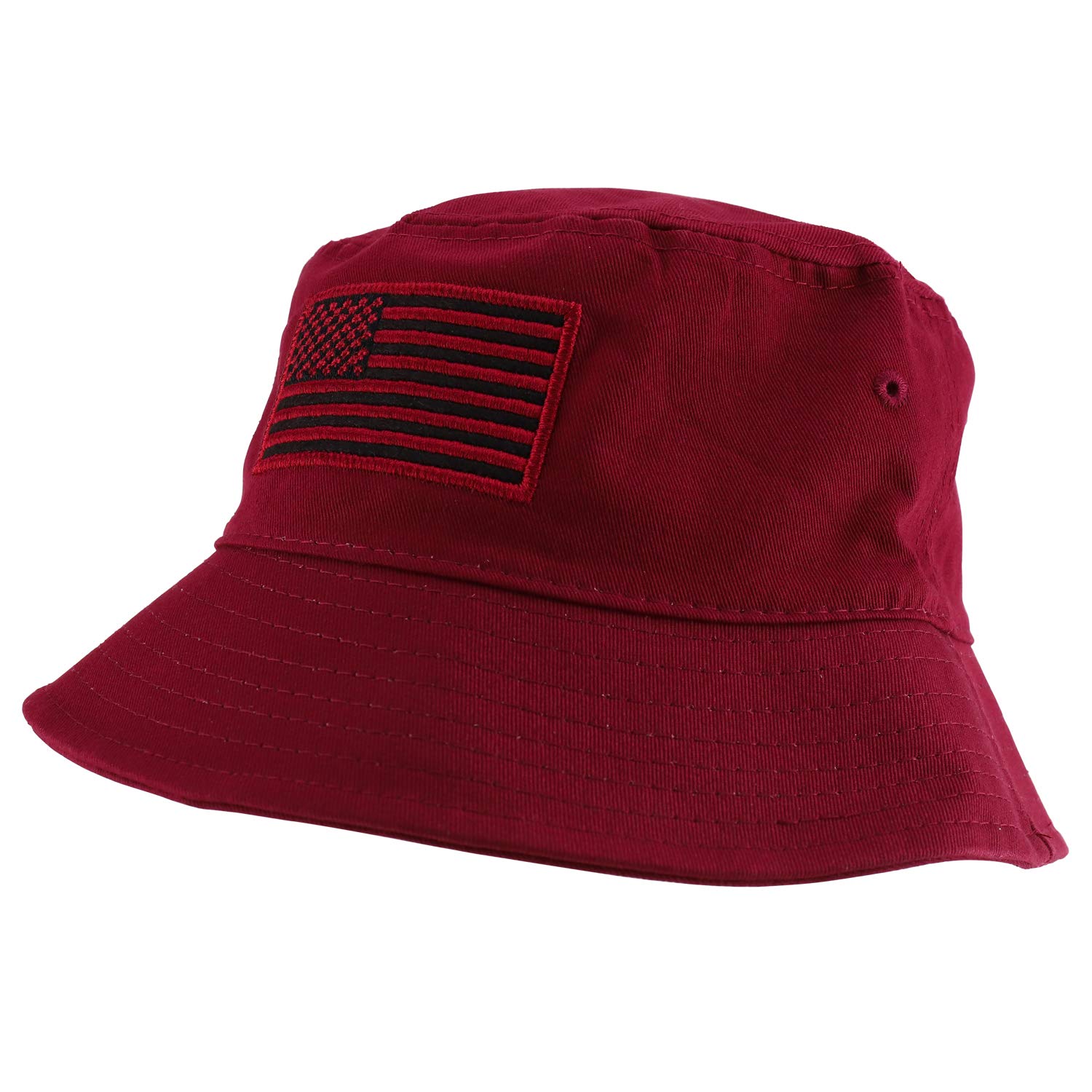 Trendy Apparel Shop US American Flag Embroidered Cotton Bucket Hat - Burgundy
