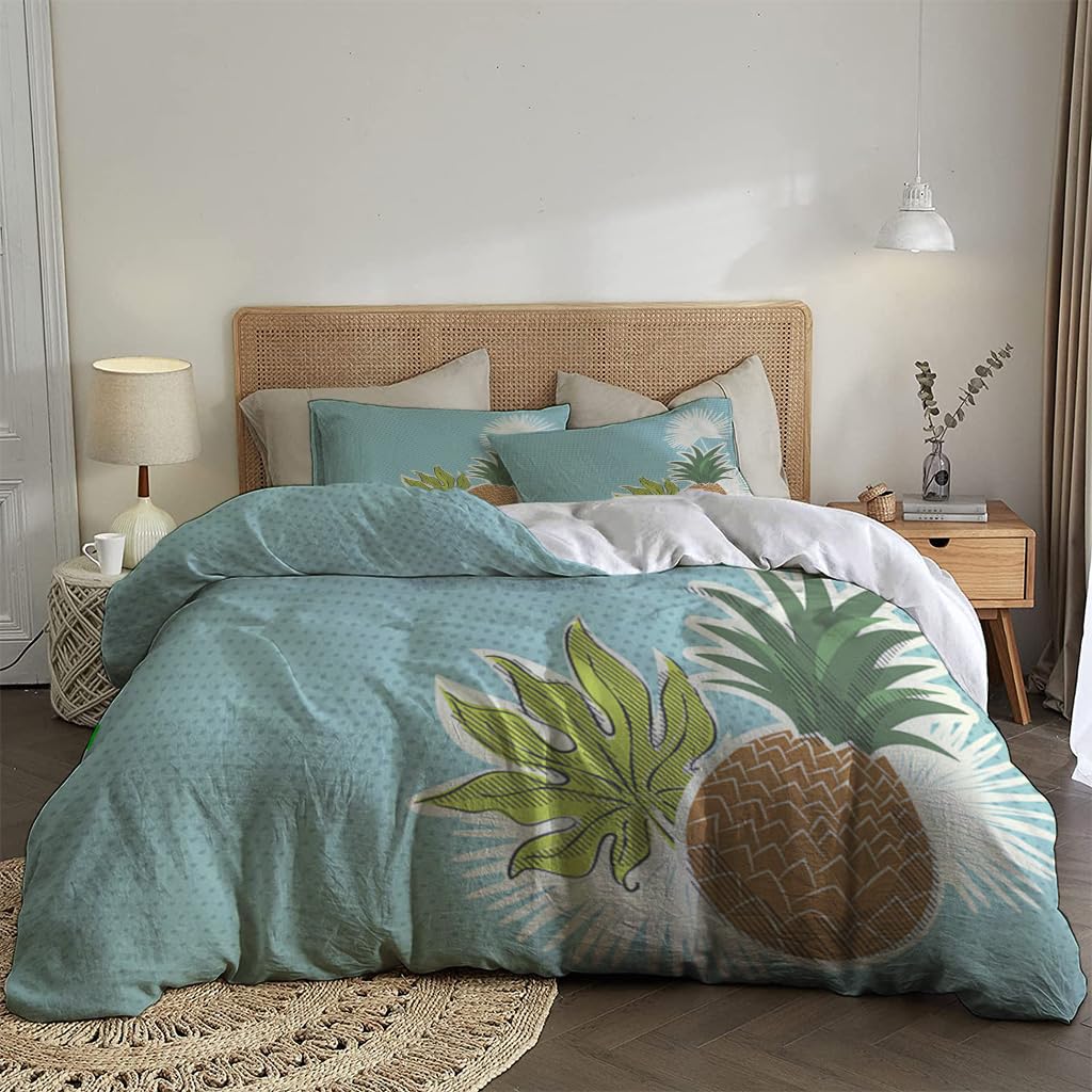 NIBAINLO 布団カバーレトロ風トロピカルパイナップルの花と葉（青） 肌に優しい ピーチスキン加工 掛け布団カバー 和式 洋式 あったか 布団カバーセット リバーシブル ホームステイ ホテル 家庭兼用