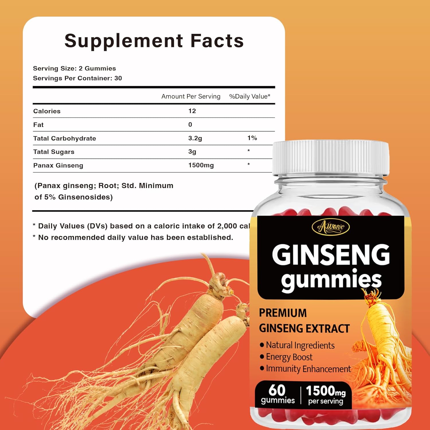 60 Count Asian Panax Ginseng Gummies 1500mg Supplements for Men and Women, Energy Maca Ginseng Root Extract Gummies for Memory & Immunity Support, Pectin-Based Apple Flavored Chews Gummy - Image 3