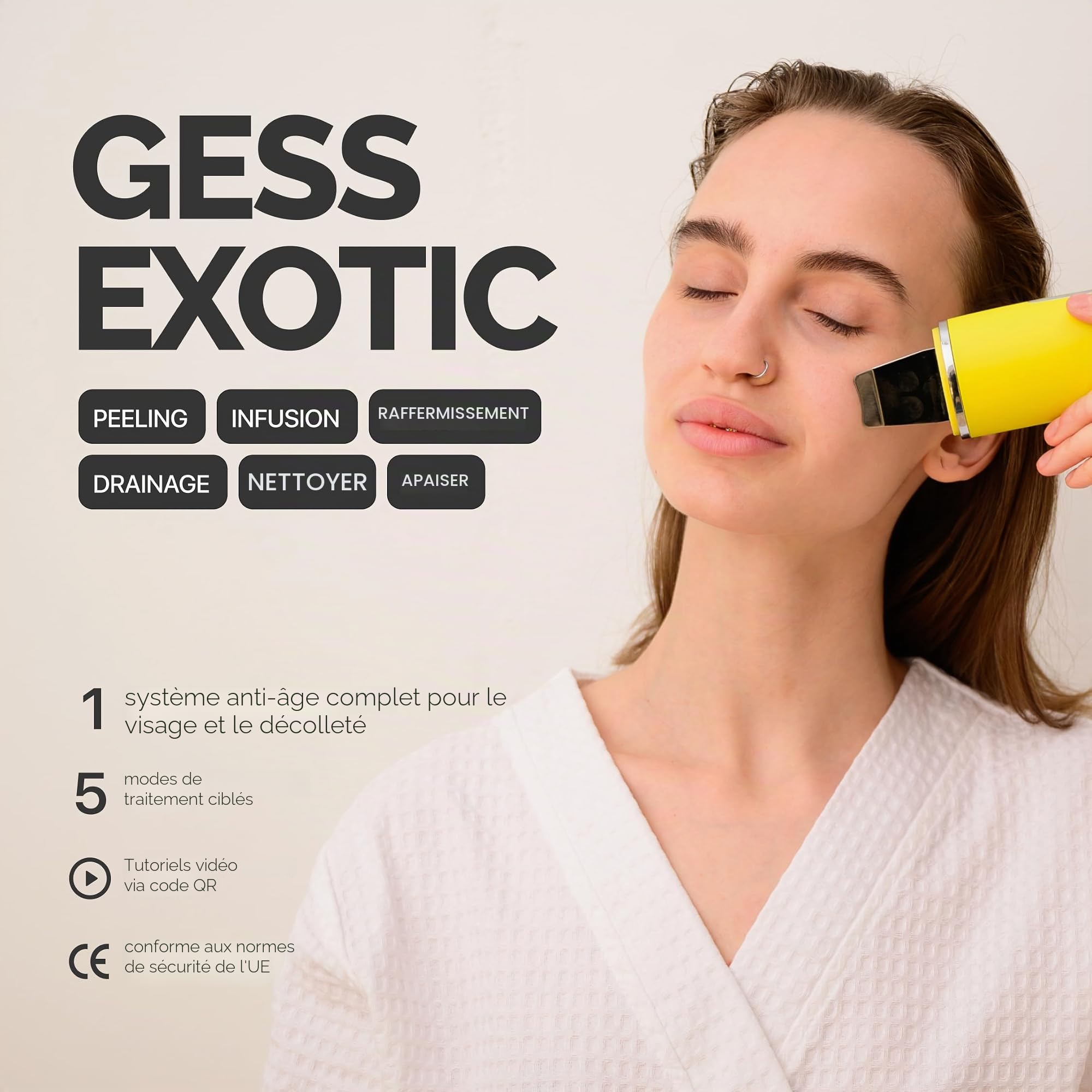 GESS Appareil de lifting facial par ultrasons exotique - peeling doux, raffermissement de la peau, soin anti-âge avec chromothérapie