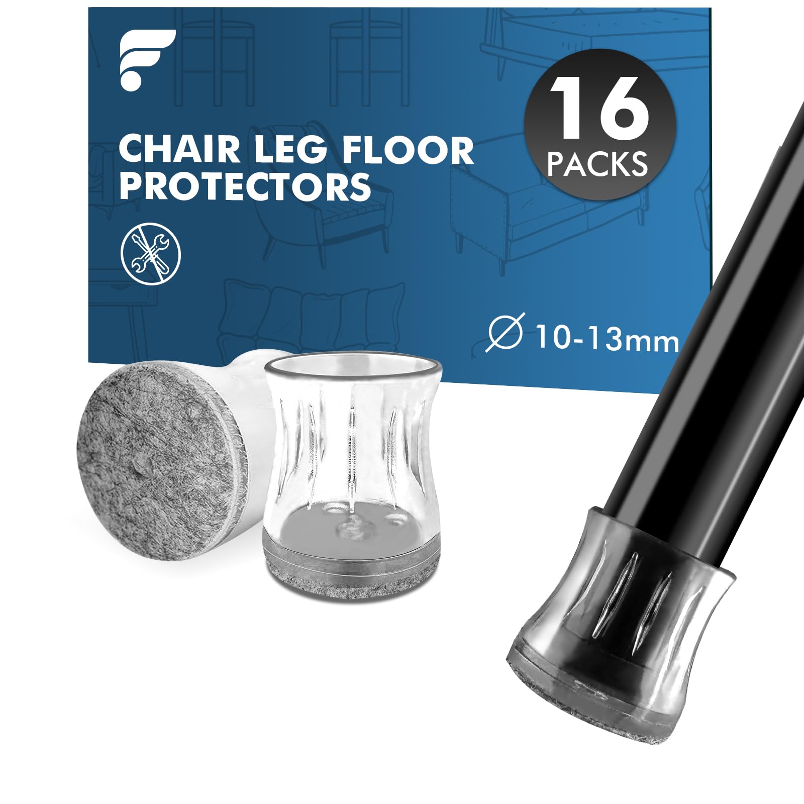 shinfly 16pcs Chair Leg Floor Protectors for 10-13mm, Clear Silicone Chair Leg Caps with Felt Pads