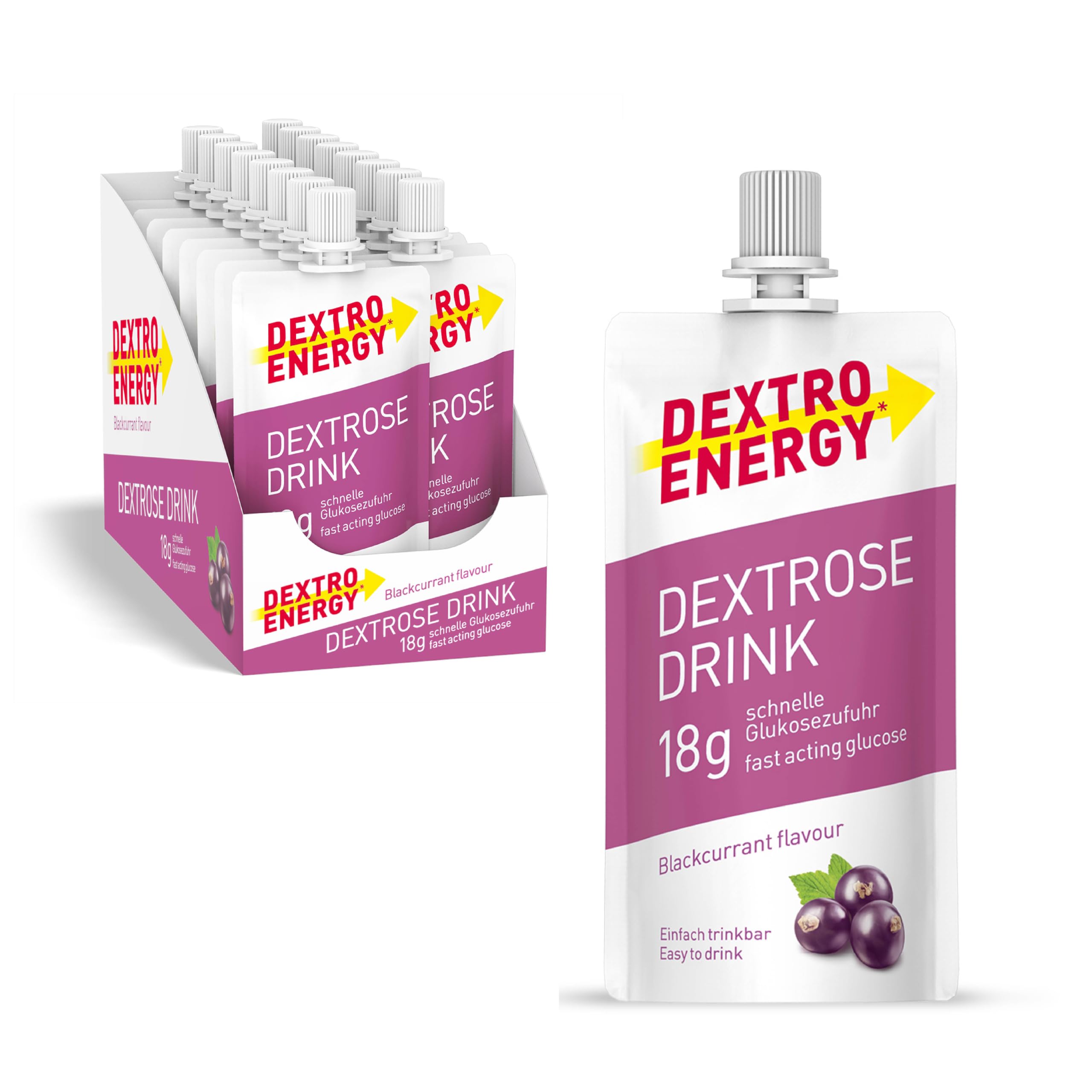 Dextro Energy Dextrose Drink Blackcurrant Flavour - 16x50ml (16er Pack) - Flüssiger Traubenzucker, 18g Glukosezufuhr, 24g Kohlenhydrate, ohne Fruktose, für Unterwegs, Sport & Alltag