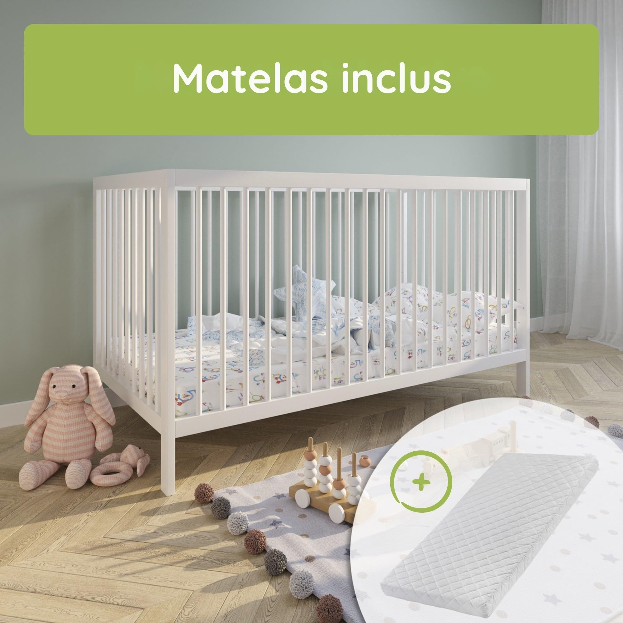 Kids Collective Lit bébé évolutif 60x120 70x140 cm Matelas Sommier hêtre Massif Blanc