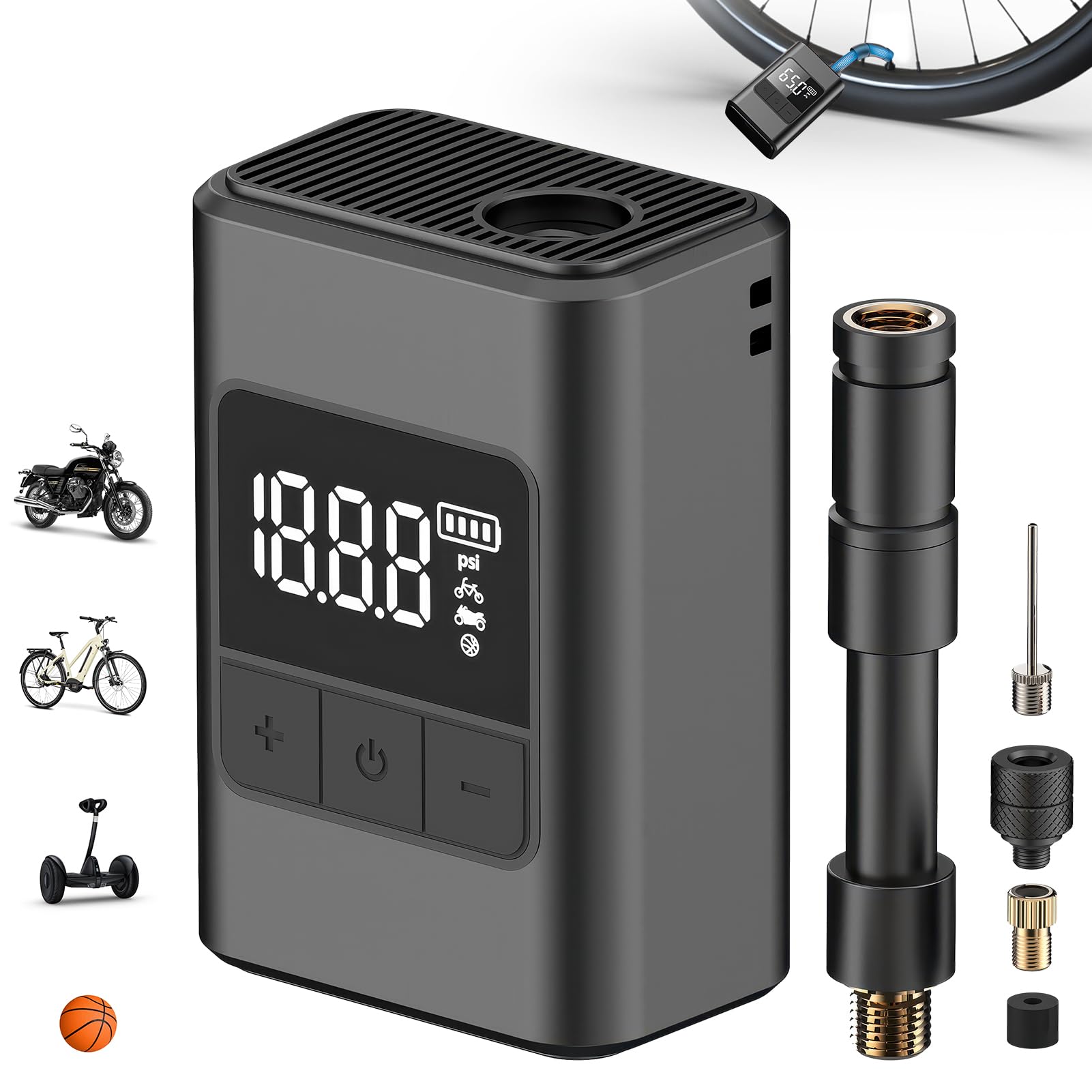 Pompa per bicicletta, mini pompa per pneumatici per bicicletta, pompa ad aria elettrica, con manometro con valvola Presta e Schrader, per bici da corsa, mountain bike e bici da città