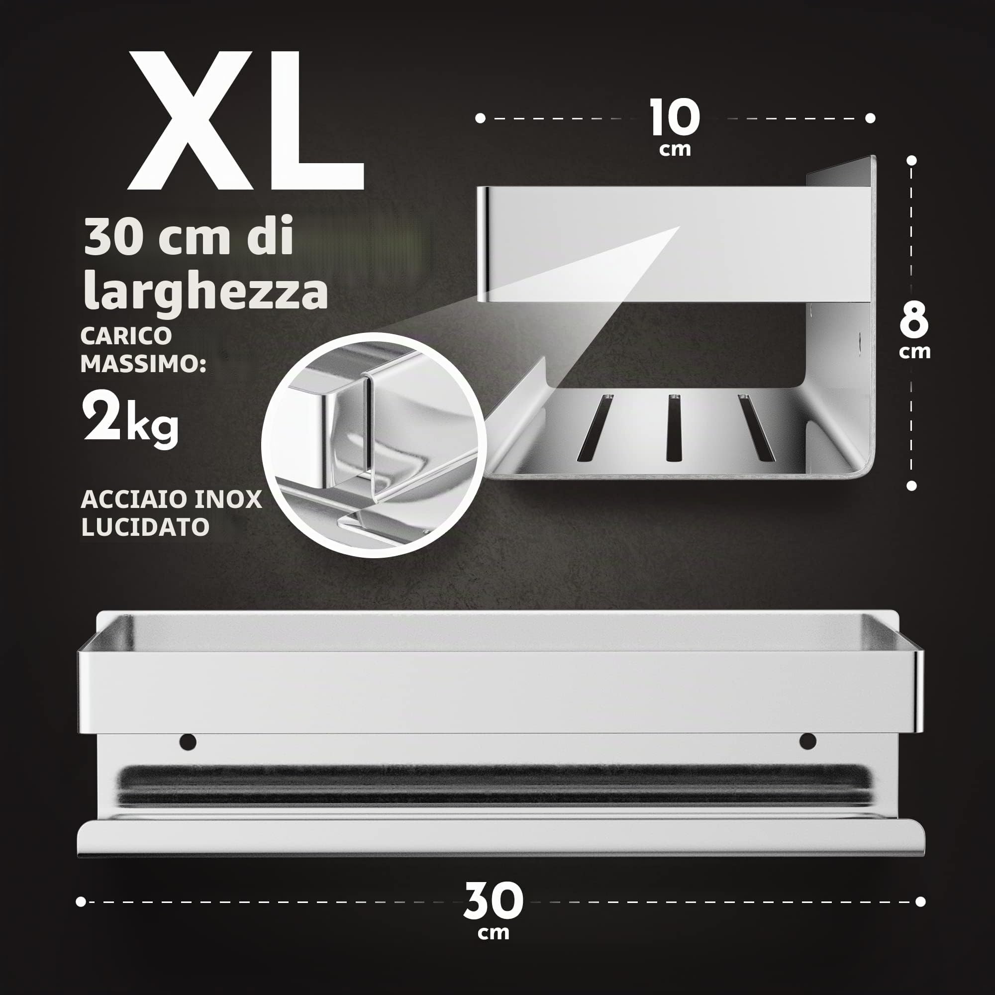 HENAL® Set di ripiani per doccia 5 in 1, in acciaio inox lucido, incollare senza forare, con supporto per rasoio, supporto per tergicristallo doccia, portasapone e gancio, XXL