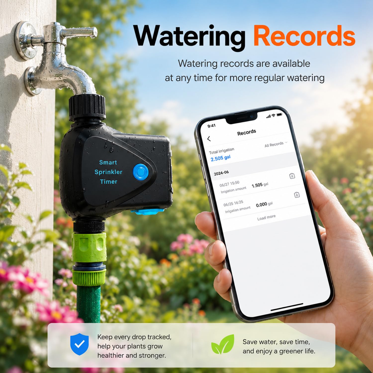 WLAN Bewässerungscomputer: Smart Bewässerungstimer mit Wasserverbrauchsmessung, App-Fernsteuerung, Regenverzögerung, Automatischer Gartenhahn-Timer für Balkon, Garten, Rasen