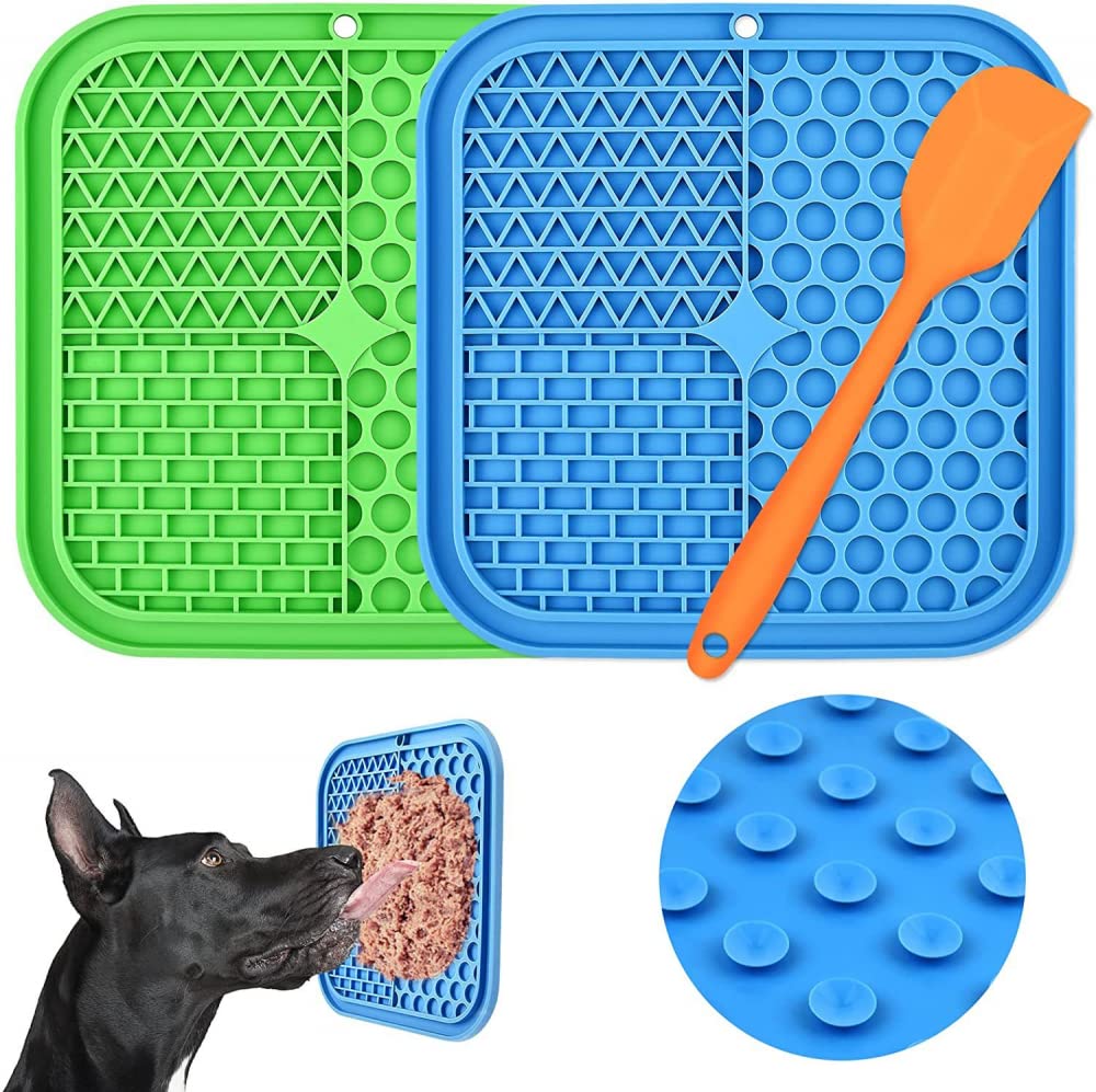 BUE Leckmatte für Hunde, 3 Stück, Leckmatte für langsames Füttern, mit Saugnäpfen (grüne Hunde-Leckmatte, blaue Leckmatte für Katzen, orangefarbener Spatel) für Hundeleckerlis und Katzenfutter