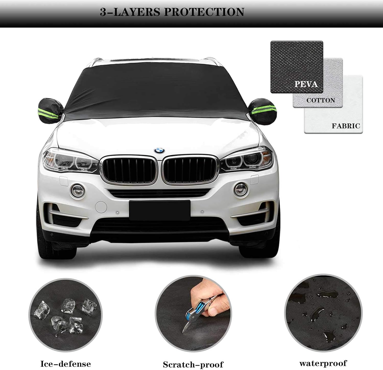KOOLSOLY Car Windshield Snow Cover,3-Layer Protection&Double Side Design,Snow, Ice, Frost,UV Full Protection,Extra Large & Thick Fit for Most Vehicle(87"x50") (Windshield)