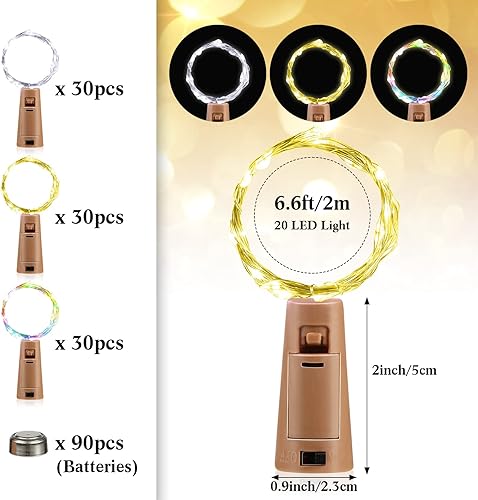 Miniatura 2 de 90 luces para botellas de vino con corcho, 20 luces LED de 6.6 pies, alambre plateado, luces de corcho que funcionan con pilas, luces LED de hadas