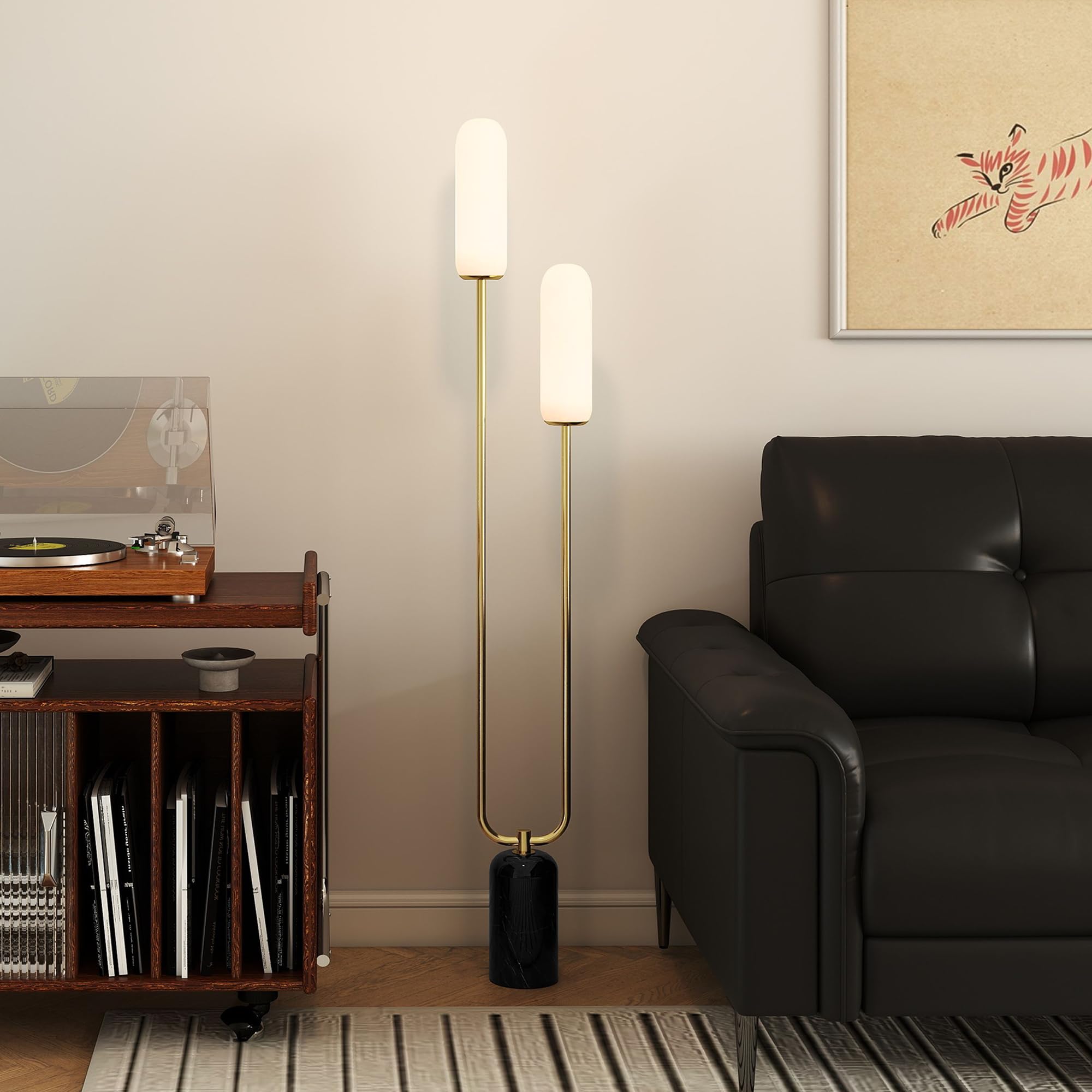 HOMCOM Lámpara de pie moderna salón base mármol 150H cm Blanco | 2 pantallas de vidrio, interruptor, para salón y dormitorio.