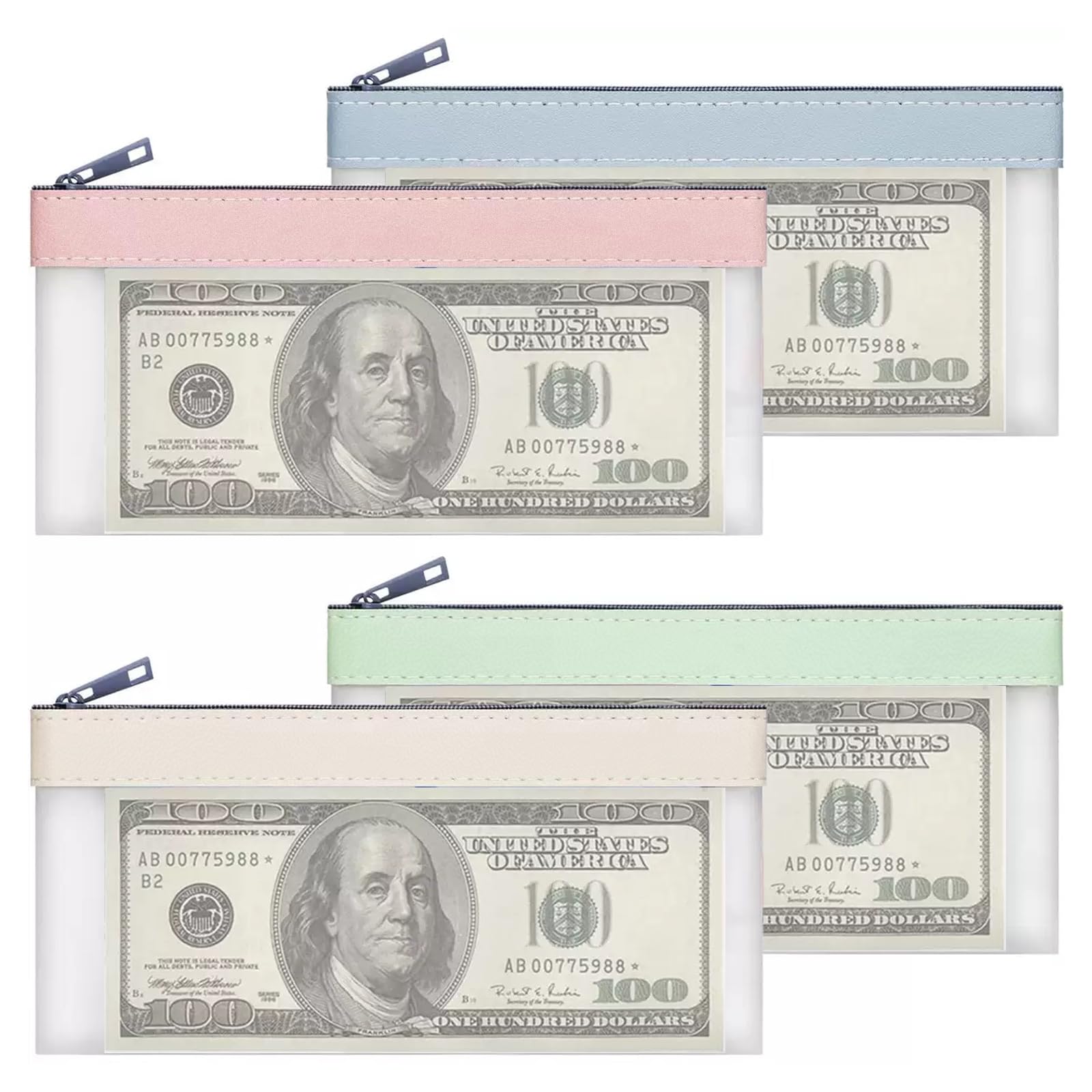 Money Bags with Zipper, 4PCS Clear Cash Envelopes Coin Purse