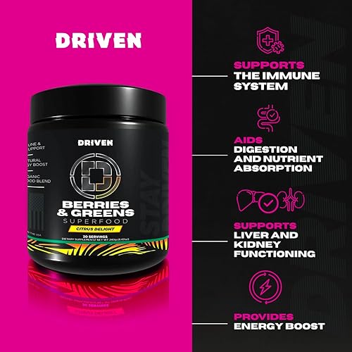 Miniatura 3 de Driven B&G Berries & Greens Superfood Powder, 30 porciones  Fórmula orgánica a base de plantas con probióticos y enzimas digestivas  Apoya la