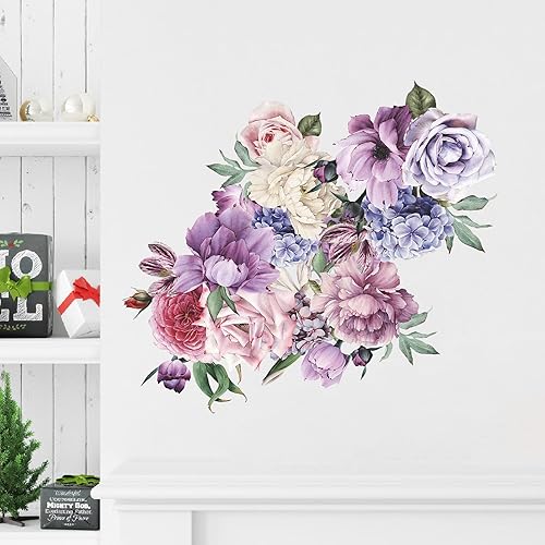Miniatura 6 de Calcomanías de pared con diseño de peonías y rosas para sala de estar, 4 piezas de peonías gigantes, murales artísticos delicados de flores,