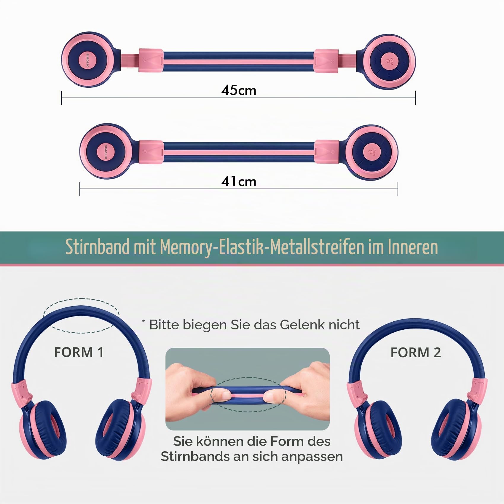 SIMOLIO 2er-Pack Bluetooth Kopfhörer Kinder, Kinderkopfhörer mit 75dB, 85dB, 94dB Lautstärke begrenzt, Bluetooth-Kopfhörer für Teenager mit eingebautes Mikrofon, für Schule und Reise Mint+Rosa
