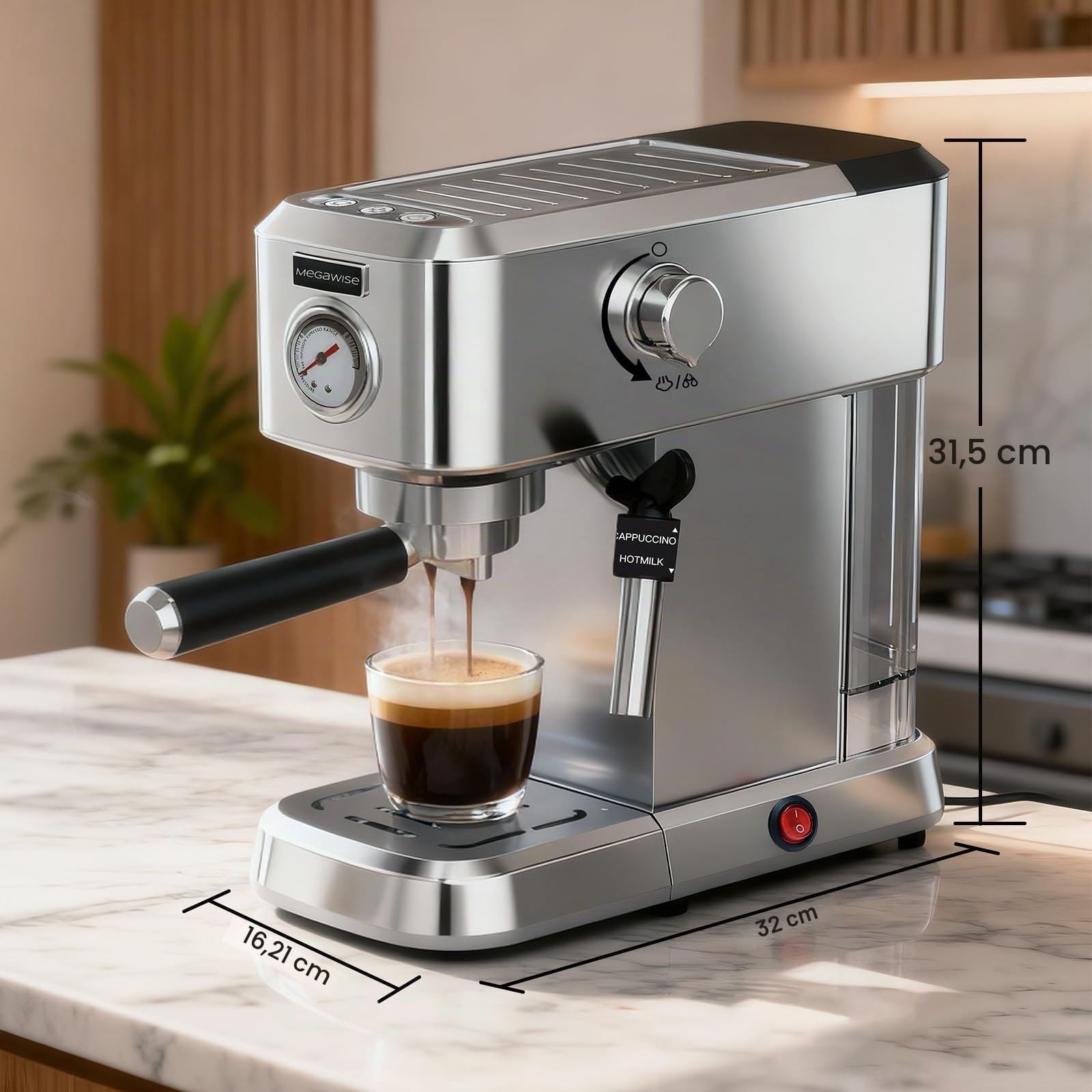 MEGAWISE Cafetera espresso de 20 bares, compacta de acero inoxidable con espumador de leche de vapor y depósito de agua extraíble para capuchino, latte, color plateado