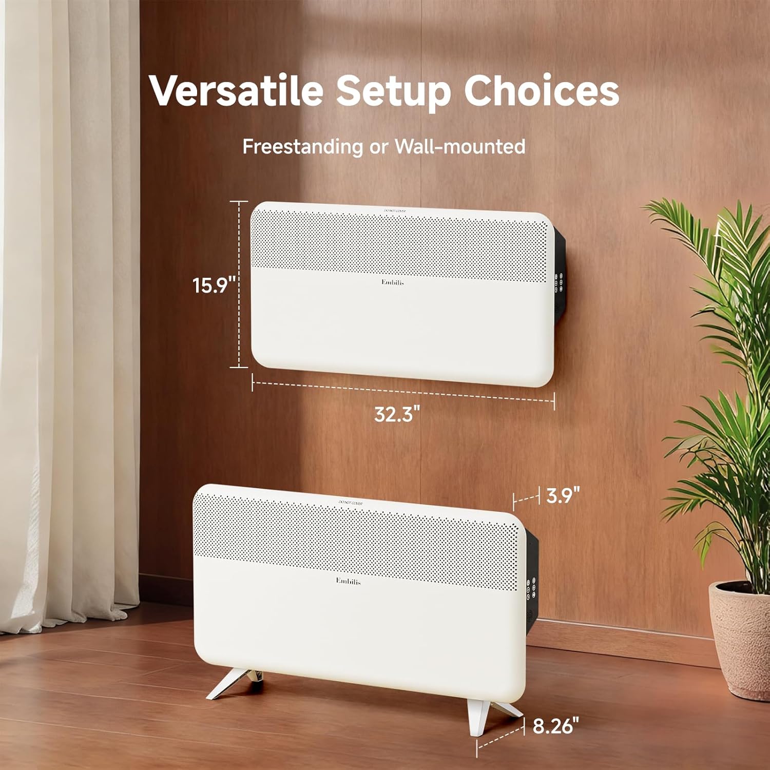Panel Space Heater for Indoor Use, 1500W Large Room Convection Electric Heater with Adjustable Thermostat, 12H Timer, Overheating & Tip-over Protection, Standing or Wall Mounted