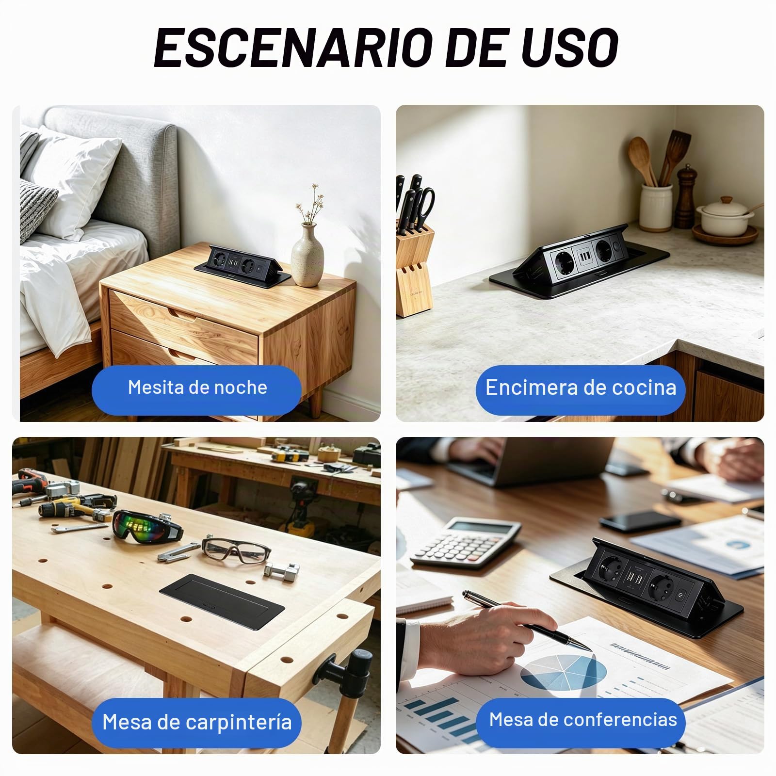 CPROSP Regleta Empotrable de Mesa con 2 Enchufes y 3 USB (2A+1C)