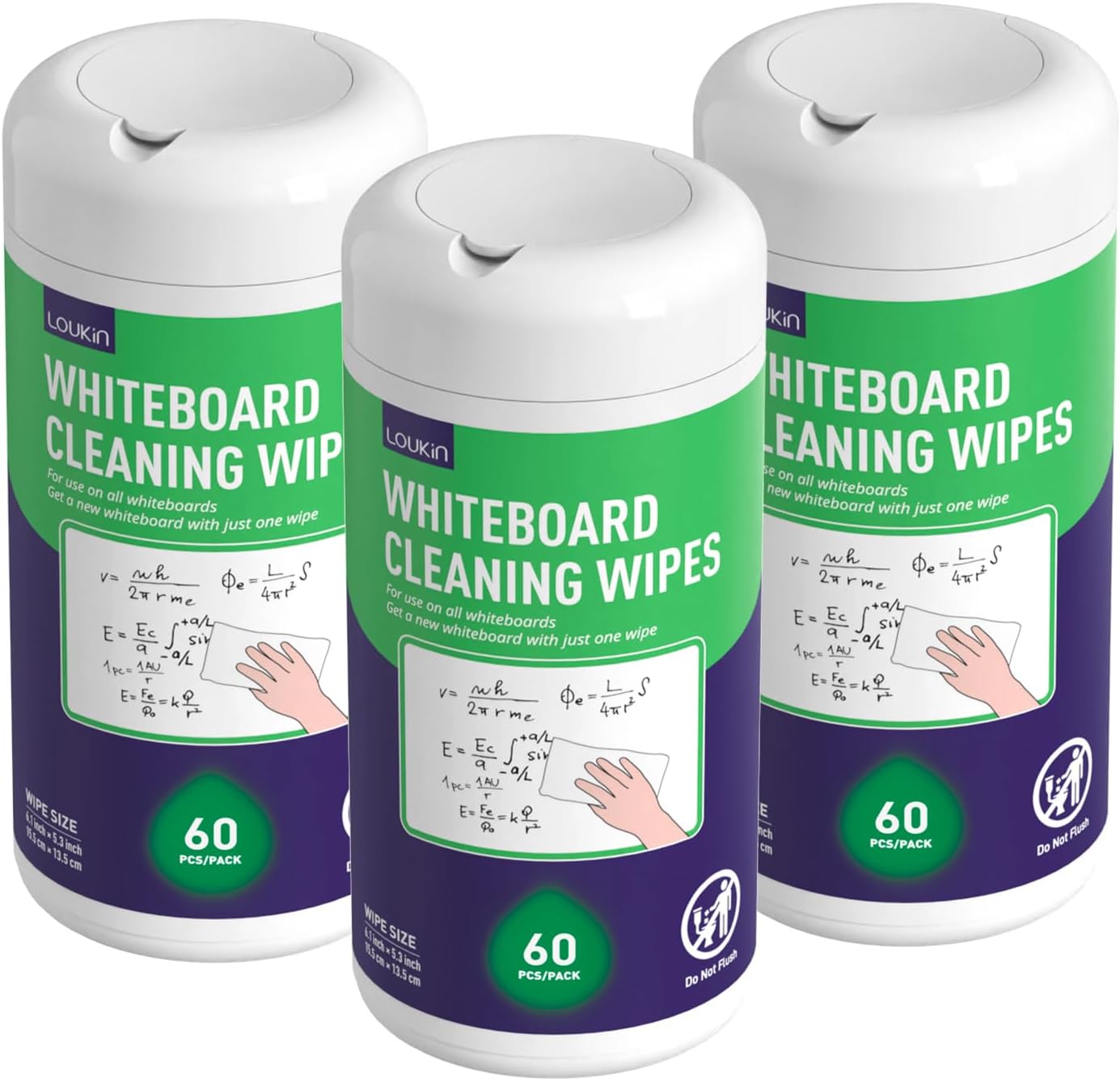 loukin 180 Whiteboard Cleaning Wipes, Dry Erase Wipes, Non-toxic White Board Cleaner for Office, School, Home (60 Wipes/Pack, 3-Pack)