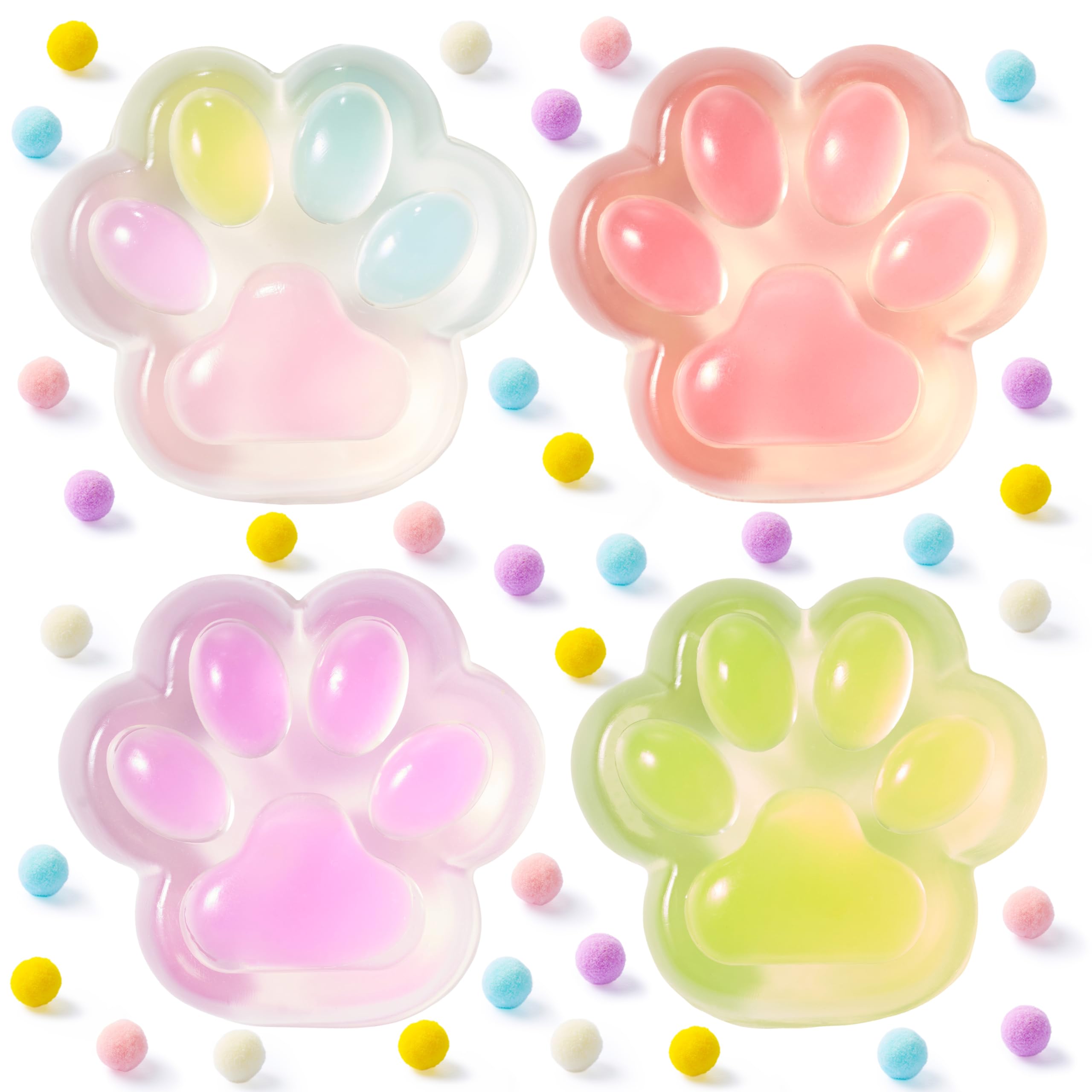 JOYIN 4 Pcs Taba Paw Squeeze Toys, Easter Party Favors & Gifts for Kids Adults, Transparent Cat Paw Fufu Squishy Toys, Soft Paws Sensory Fidgets, Cute