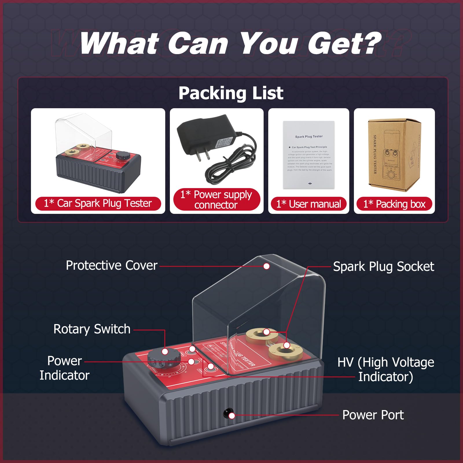Tester per Candele Auto 220V - MOTOCOCHE Tester di Accensione a Doppio Foro per Veicoli a Benzina a 12V, 0-6000 giri/min Frequenza Regolabile Rilevatore di Candele di Accensione per Candele da 12 mm