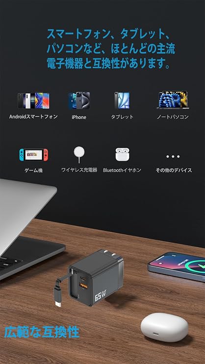 65W Rapid Charger 2C1A USB-C PD Compatible with 80cm Automatic Cable with PSE Certified Folding Plug for iPhone 16/15/14 Pro Max, Android, Galaxy, MacBook, iPad for Travel/Business Trip