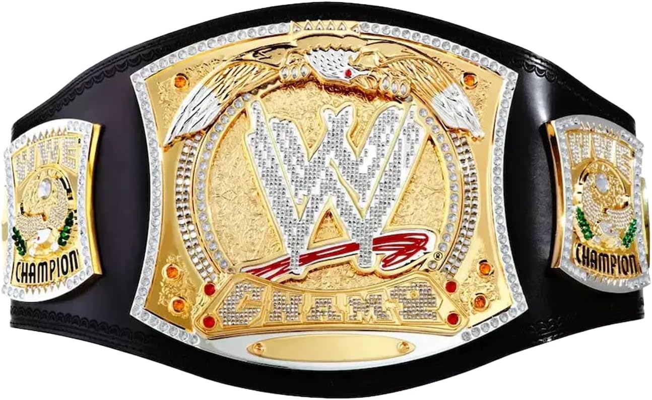 John Cena Spinner World Heavyweight Championship Replica Title Belt - Adult Ultimate Edition Ring Belt - Black Adjustable Leather Strap with Brass Plated 4mm Plate, Black/Gold, One Size