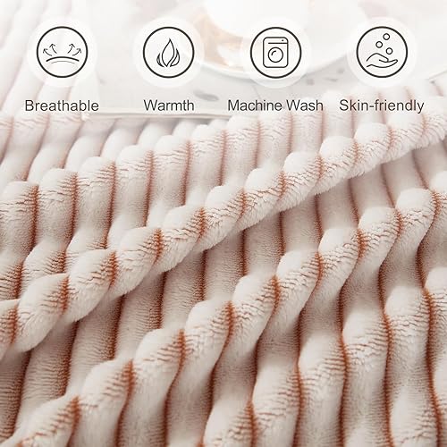 Miniatura 4 de EMME Manta de forro polar tamaño individual para sofá, color caqui, suave, afelpada, cálida y acogedora, de una sola capa, tacto 3D a rayas,