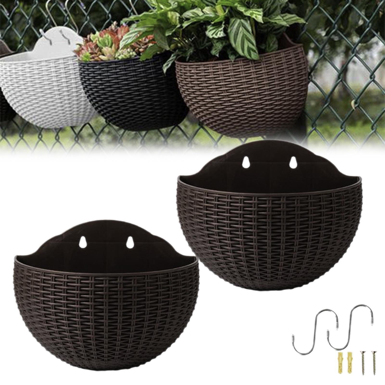 2PCS Imitation Rattan Wall Hanging Flower Pot, Semicircle Wall Hanging Planters Outdoor With Hooks, Mounted Plant Holder, European Style Garden Hangings Basket, For Balcony, Fence,Rail, Deck(Coffee)