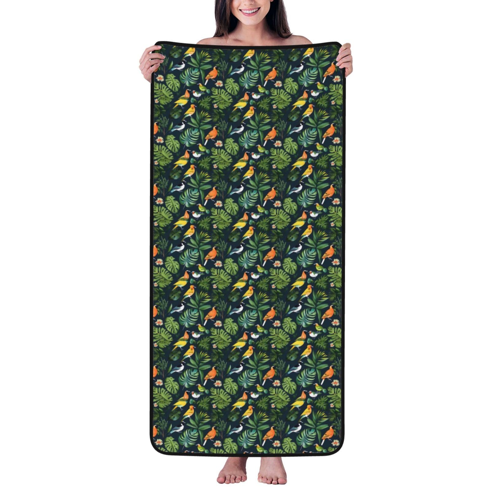 Nimongt Unisex Black Tropical Birds Plant Leaf Print Lightweight Comfort Coral Velvet Bath Towel Home Bathroom Hotel Spa Beach Travel