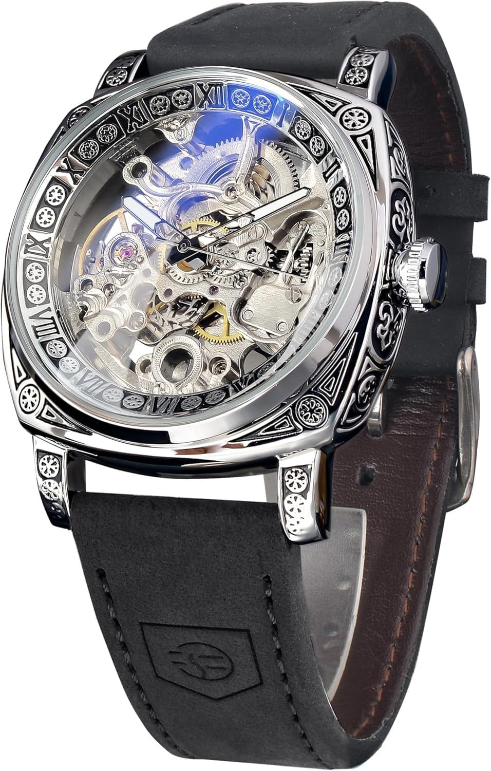 Wuufake Wrist Watch for Men Black Numeral Dial Square Stainless Steel Retro Vintage Skeleton Automatic Self-Wind Leather Strap Timepiece, Black