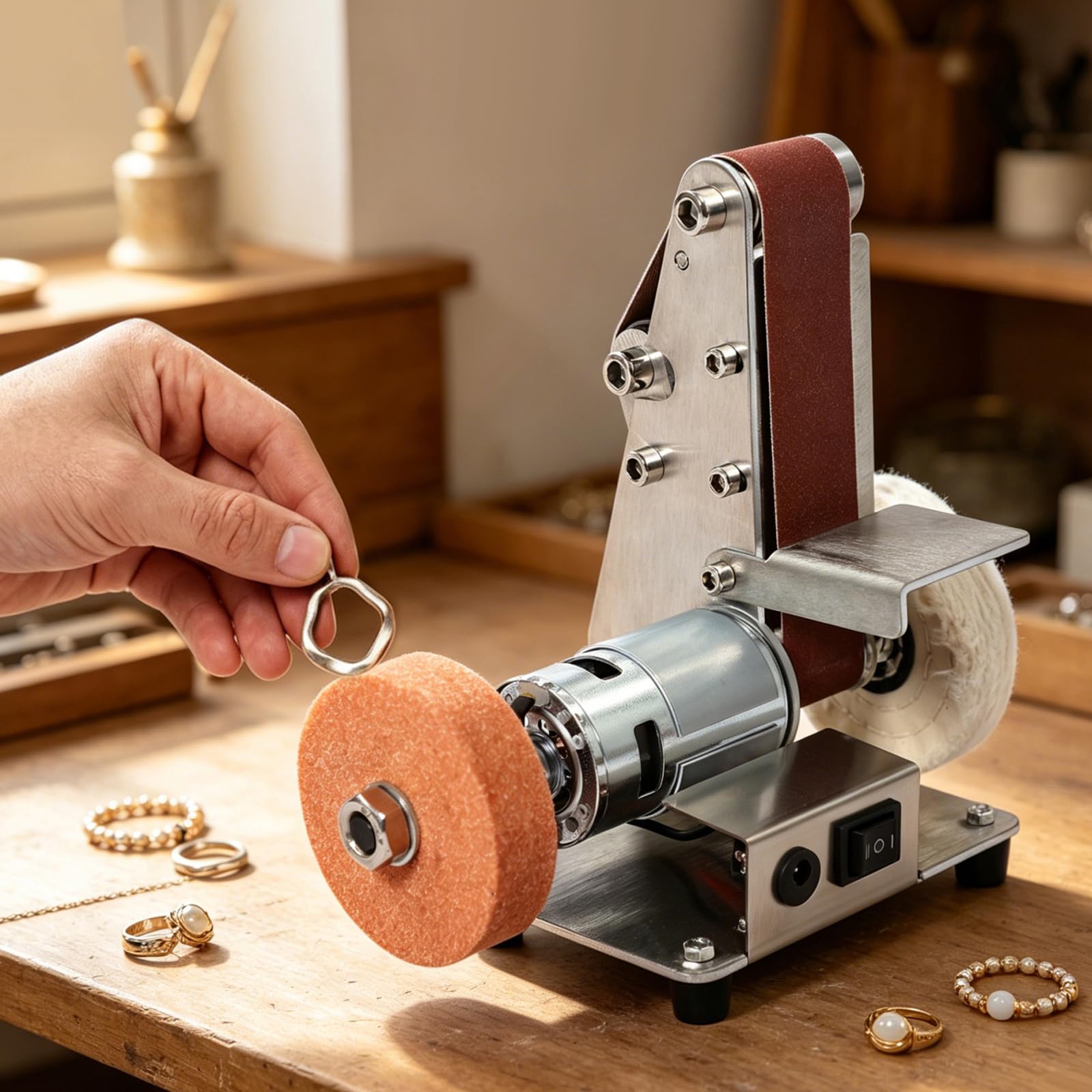 Mini levigatrice a nastro elettrica 775, 4000-9000 giri/min, regolabile, con 20 nastri abrasivi e disco lucidante per metallo e legno