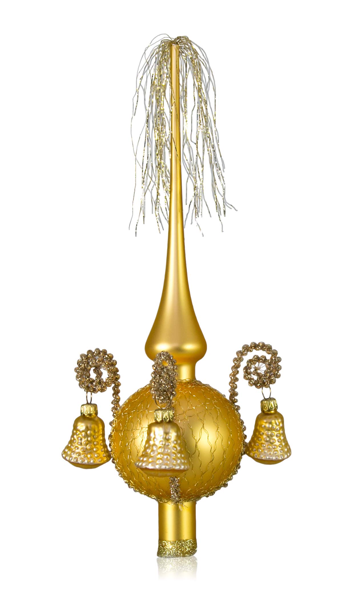 Lauschaer Glas Kerstboompiek met bel wit mat lengte ca. 28 cm (bol) 7 cm mondgeblazen met de hand versierd Leonische koord