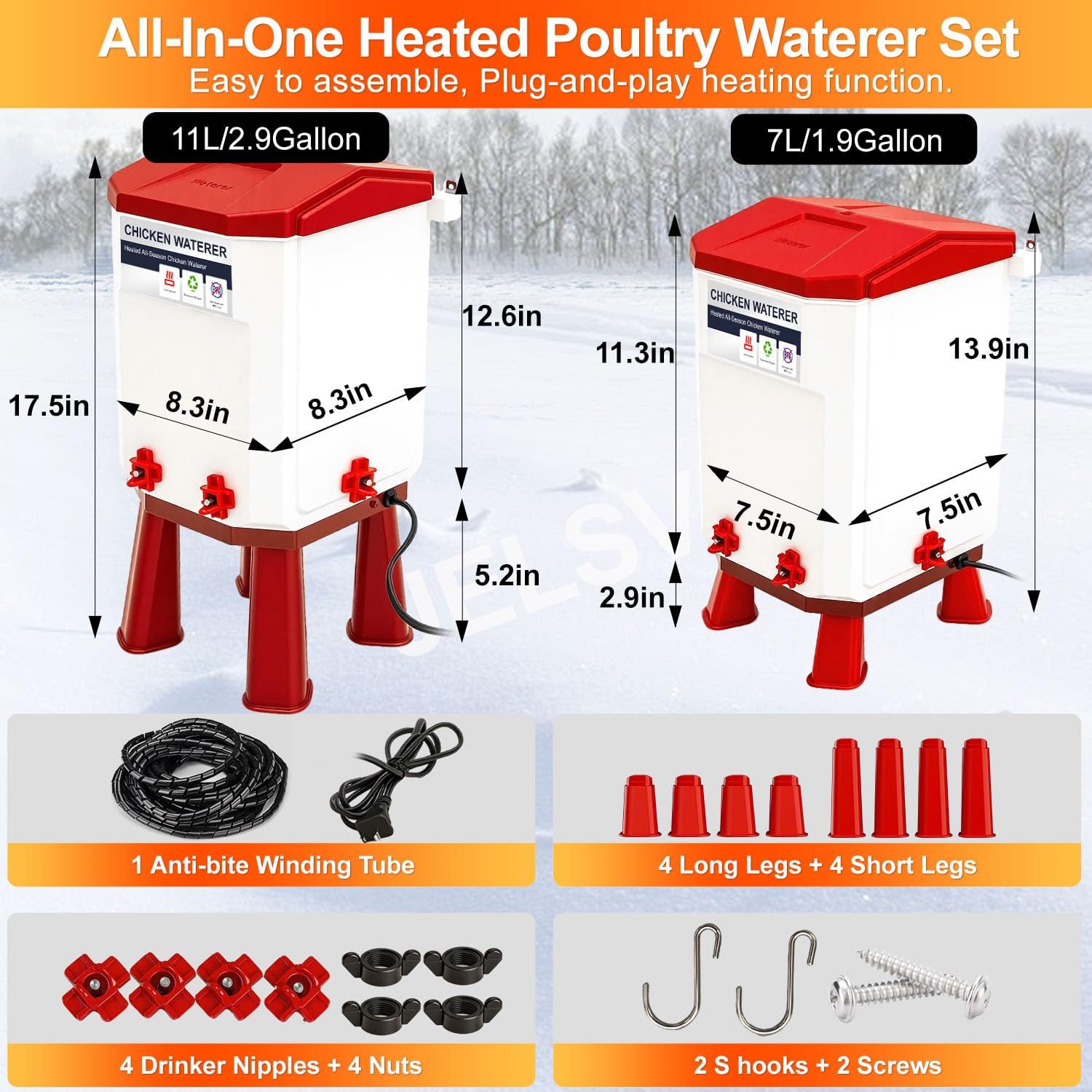 Abbeveratoio riscaldato per pollo, 7 l, secchio invernale con 4 bevitori di capezzoli, antigelo, doppio uso, bevitore automatico di pollame riscaldato per Coop (rosso)