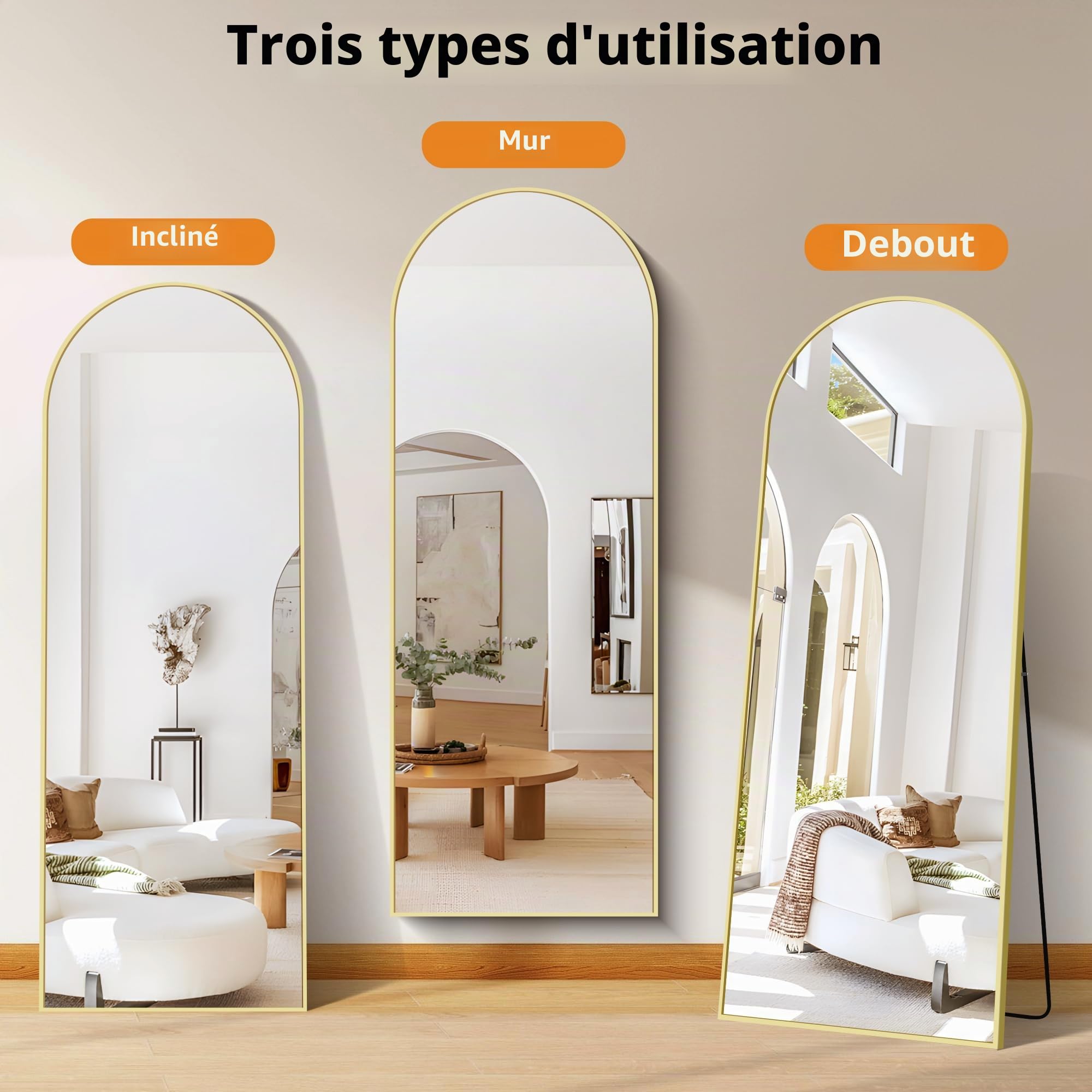 WOLIBEER Miroir sur Pied 179 x 65 cm, Grand Miroir Arqué en Pleine Longueur avec Cadre en Aluminium Doré, Miroir Mural sur Pied pour Salle de Bain, Chambre à Coucher, Entrée, Couloir, Vanité