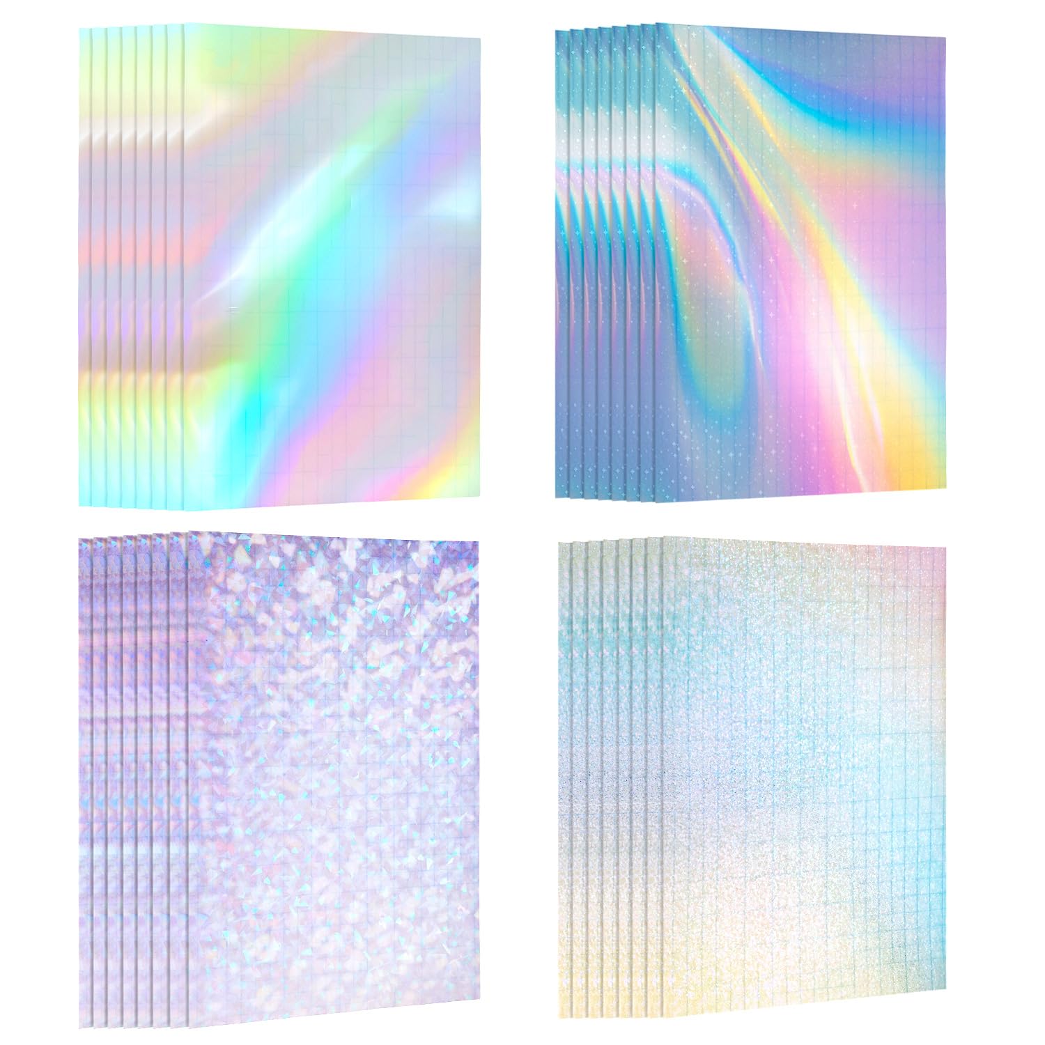 QWORK® 32 Sheets Holographic Clear Vinyl Sticker Paper, Self-Adhesive, A4 Size, 4 Styles Mixed, Transparent Overlay Film — image 1