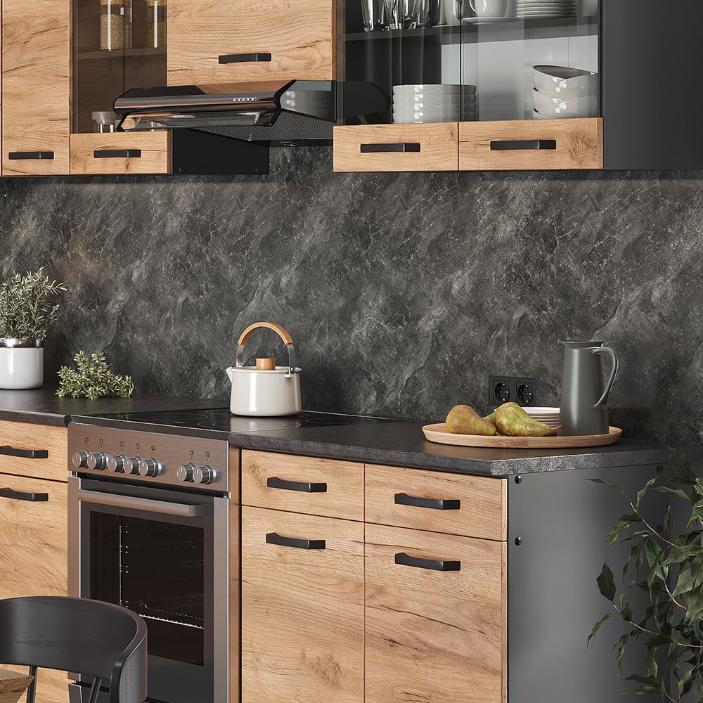 Vicco Cocina esquinera Rick, Oro Power Roble/Antracita, 270 x 60 cm, ET Negro Estampado, con módulos combinables de Forma Variable y Patas Ajustables en Altura