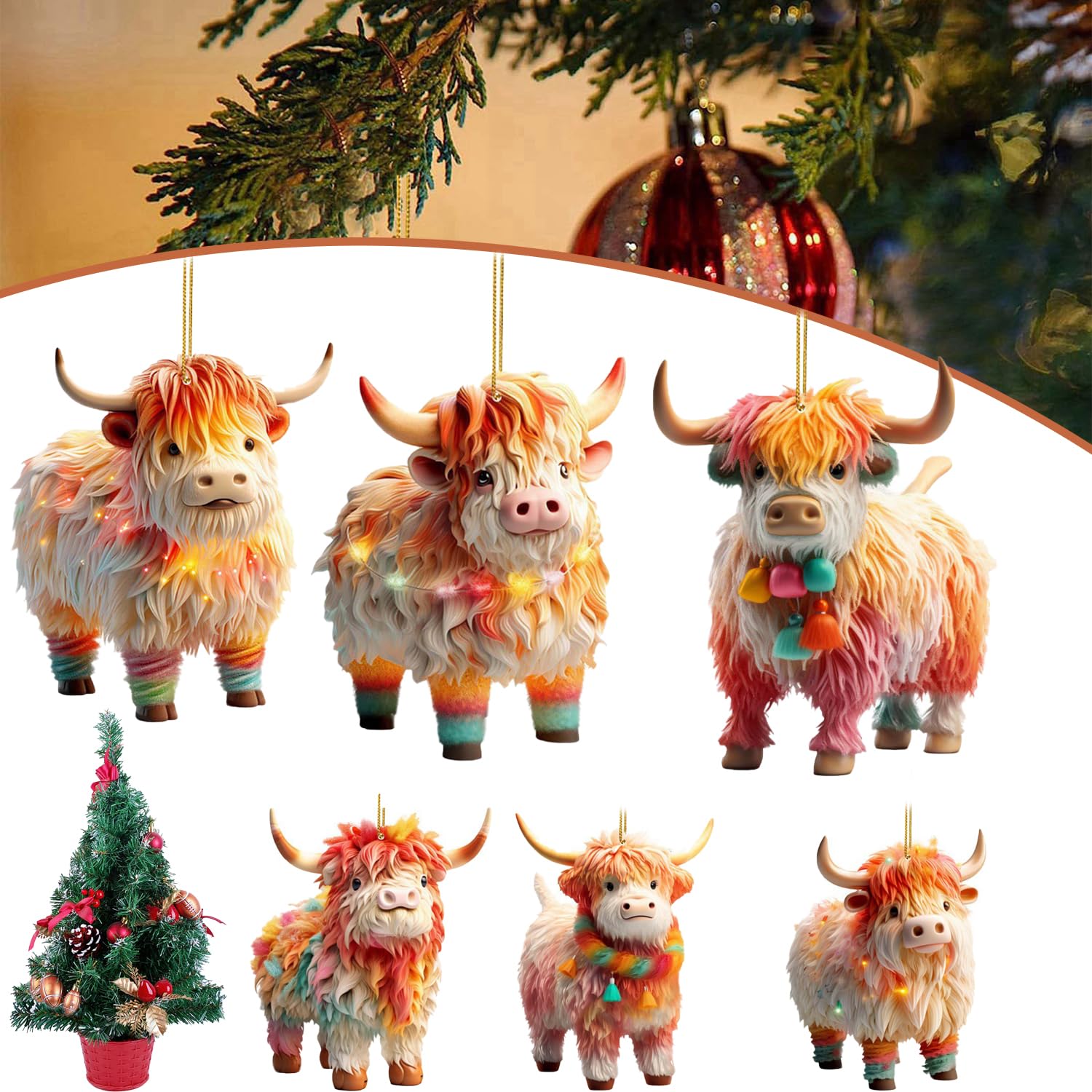 Enseak 6Pcs-B Highland Cow Christmas Tree Hanging Ornament, Cow Print Christmas Tree Ornaments, Acrylic Window Hangings Ornament, Christmas Ornament 2D Festive Decoration For Trees And Spaces