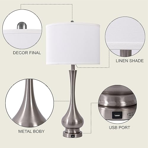 Miniatura 4 de Juego de 2 lámparas de mesa modernas grandes de 30 pulgadas para sala de estar y dormitorio con puerto de carga USB, 3 vías regulables de acero