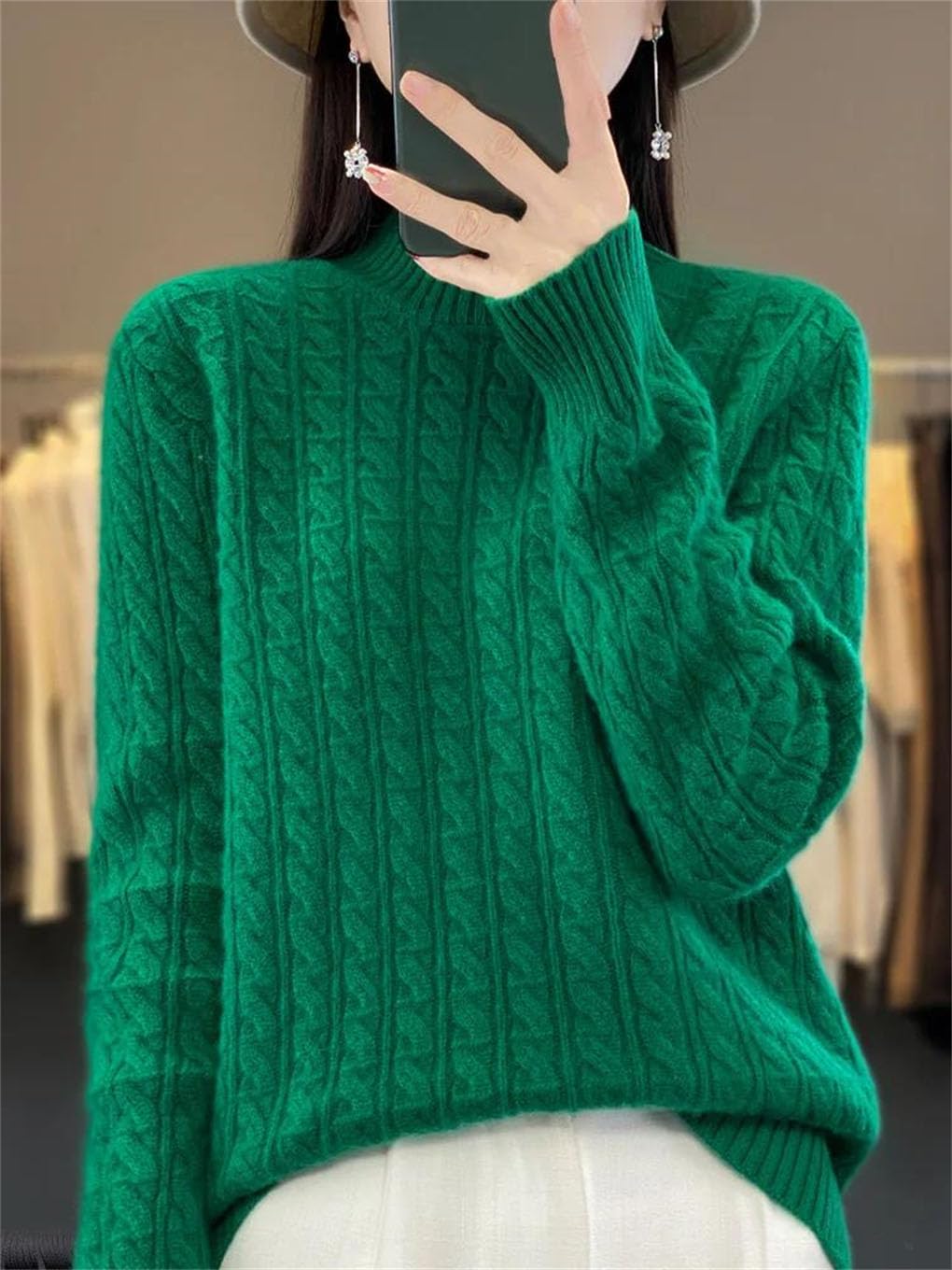 Maglione invernale da donna in lana, spesso, caldo, con collo a lupetto intrecciato
