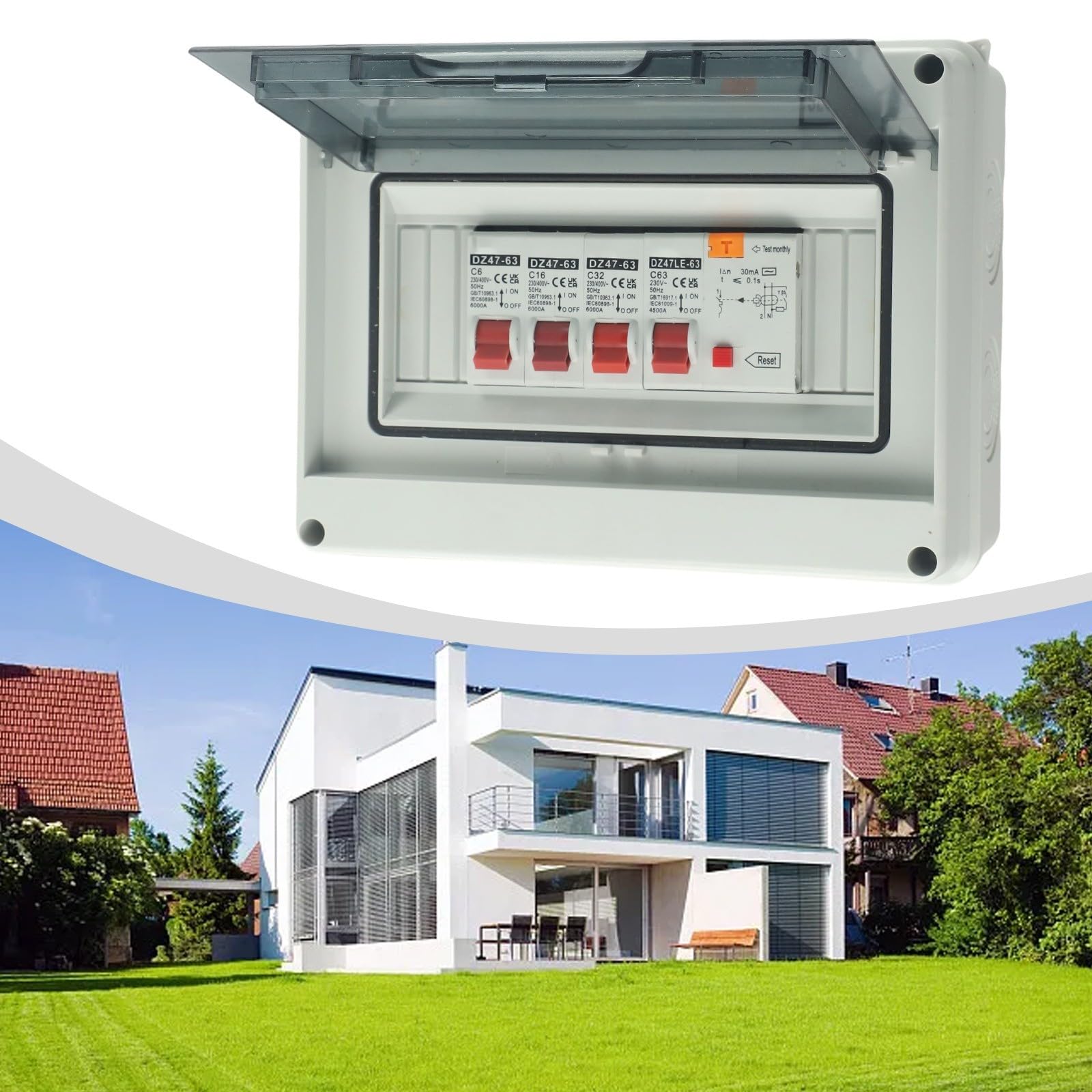 Contador de consumo de 3 vías IP65 con para rcd y 3 x MCB para garaje | Plástico ignífugo, 63 A, 230 V, protección contra cortocircuitos, para garaje, caravana, taller
