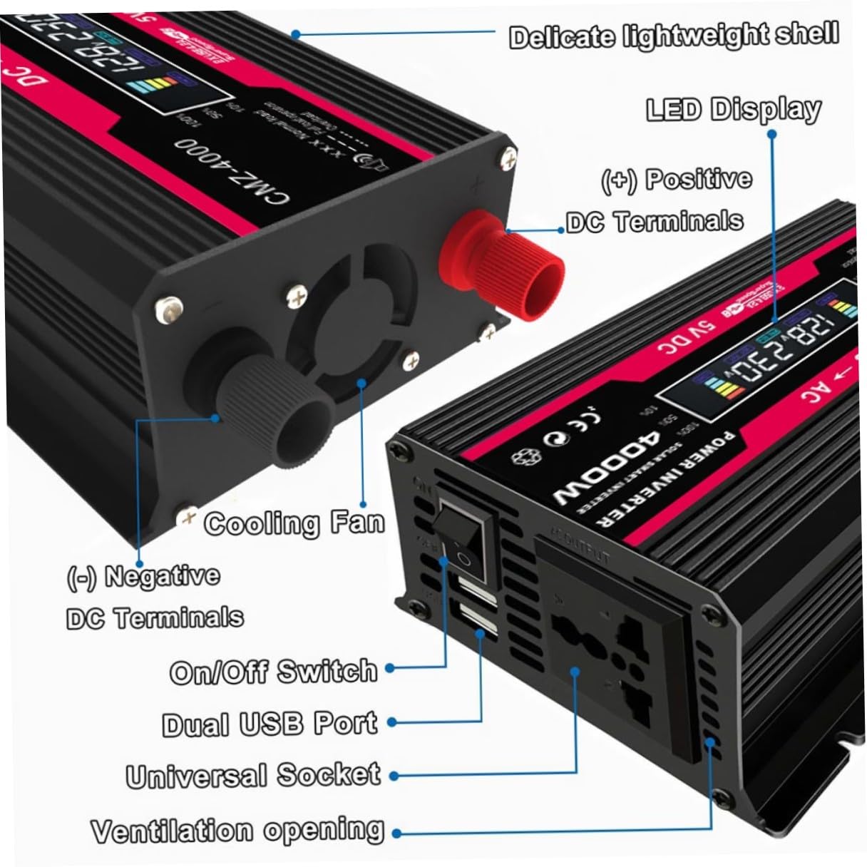 TOYANDONA Convertitore Auto con Display Lcd Digitale Porte USB per Ricarica Rapida Alimentatore per Laptop e Tablet Kit Adattatore per Campeggio e Viaggi