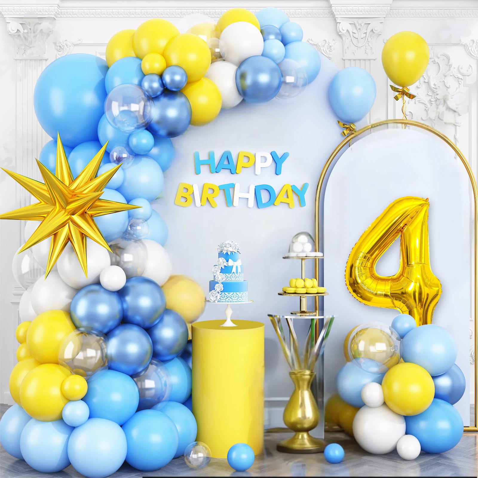 Yellow Blue 4th Birthday Balloons Arch, Baby Blue Clear White Balloons Garland Kit, Gold 4D Foil Star with Number 4 Balloon Tower Star Foil Balloon