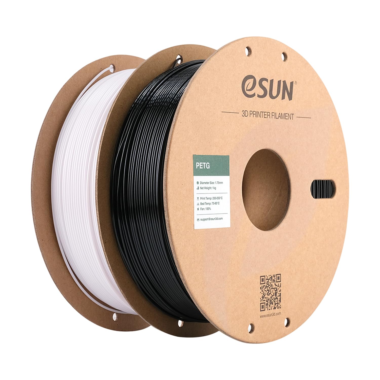 eSUN Filamento PETG 1,75 mm, filamento per stampanti 3D PETG, precisione di misurazione +/- 0,03 mm, 1KG per Bobina, 2 Bobine di filamento di Stampa 3D per stampanti 3D, Nero Solido+Bianco Solido