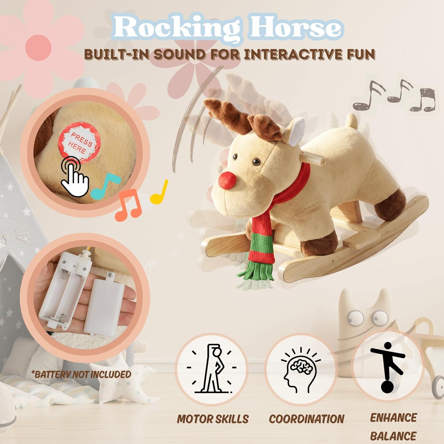 Rocking Horse Baby, Plush Stuffed Rocking Toy for 1-3 Year Old Toddlers, Wooden Reindeer-Shaped Rocking Toy, Apricot Reindeer
