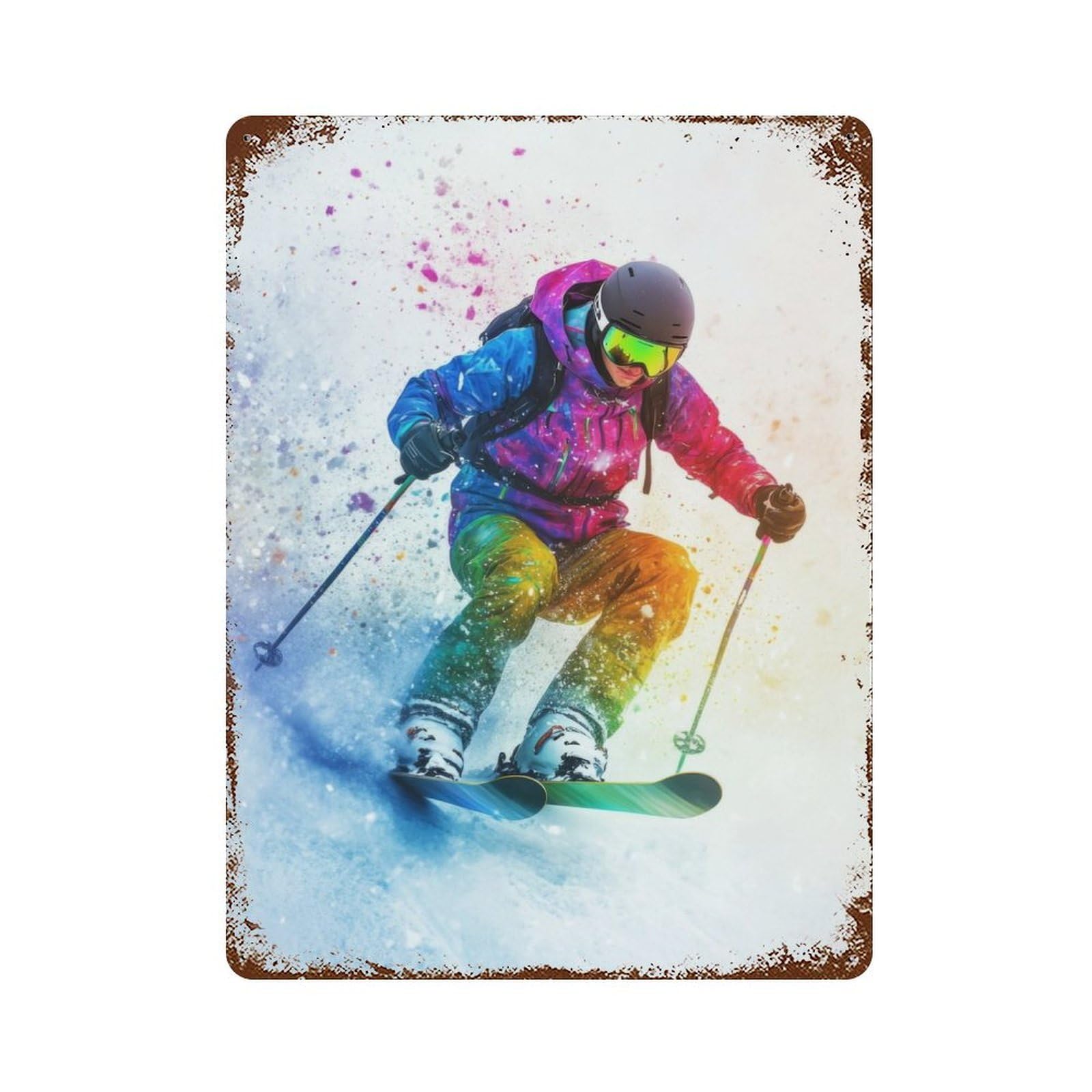 Skier in Colorful Snow Decorative Tin Sign 15.7"x11.8", Ideal for Garage, Bar And Workshop Decor