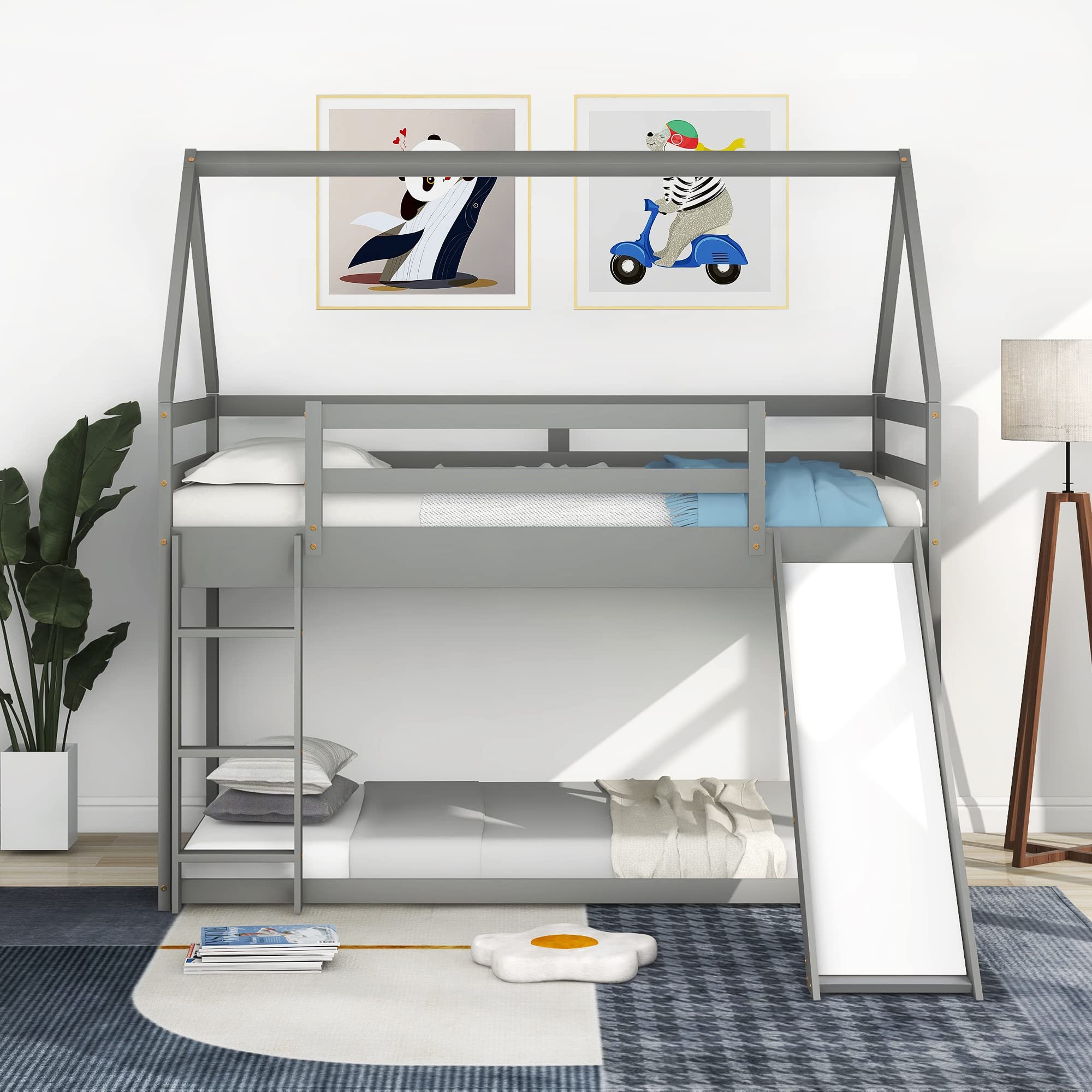 LUMISOL Twin Over Twin House Shaped Bunk Bed with Built-in Sliding, Wooden Kids Bunk Beds, No Box Spring Needed, Gray